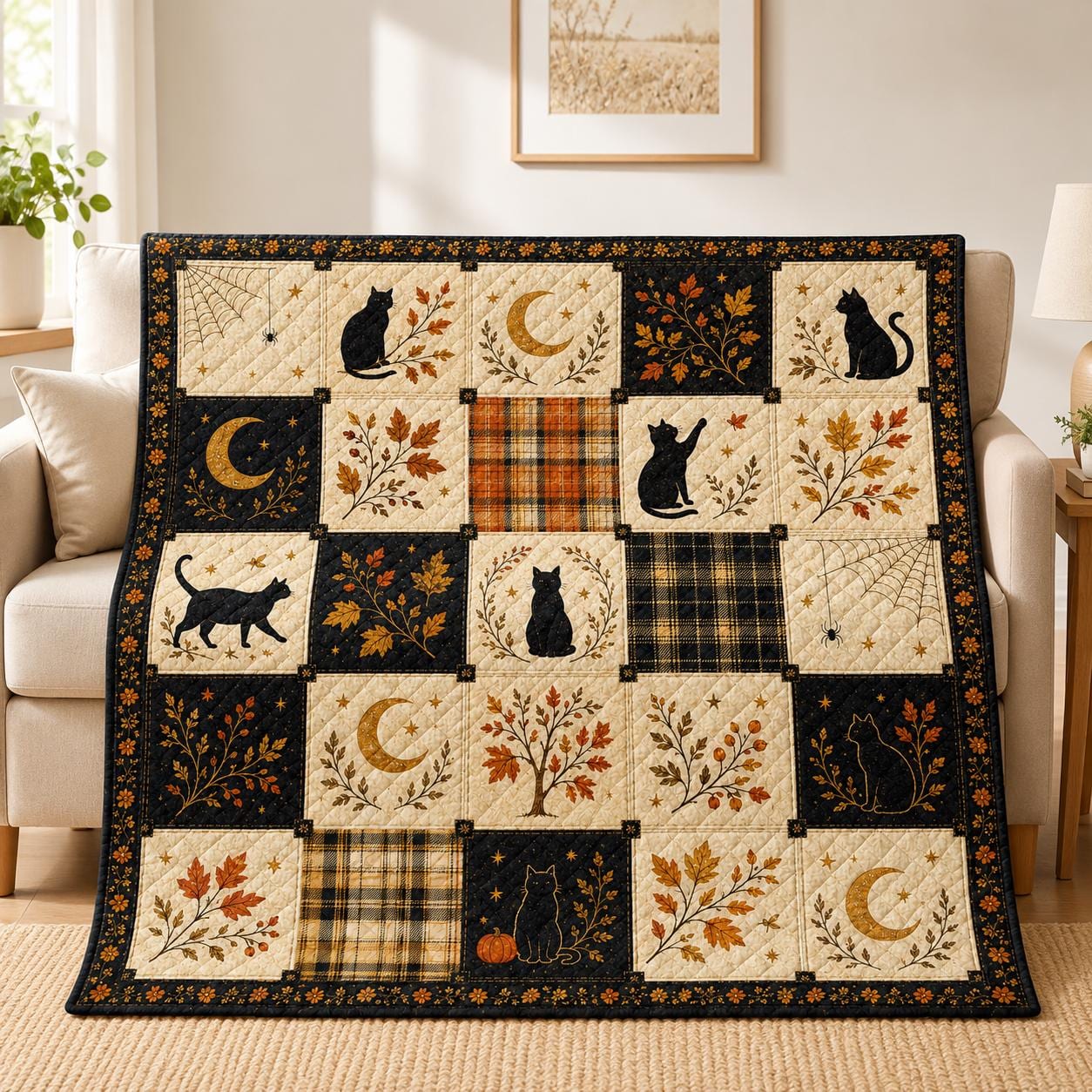 Halloween Black Cat Quilt Blanket, Autumn Patchwork Bedspread, Witchy Moon Spider Web, Gothic Fall Home Decor, Cat Lover Gift
