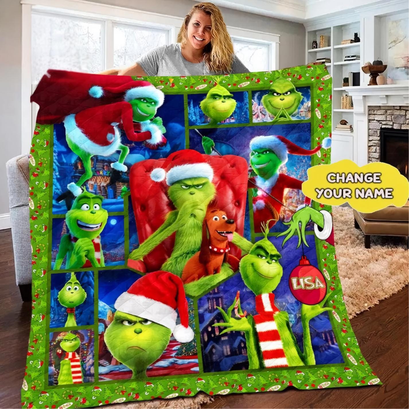 Personalized Merry Grin Quilt Blanket, Funny funny character Christmas Cozy Quilt Blanket, Bedding blanket, Bedding Decor, Home Decor Gift.