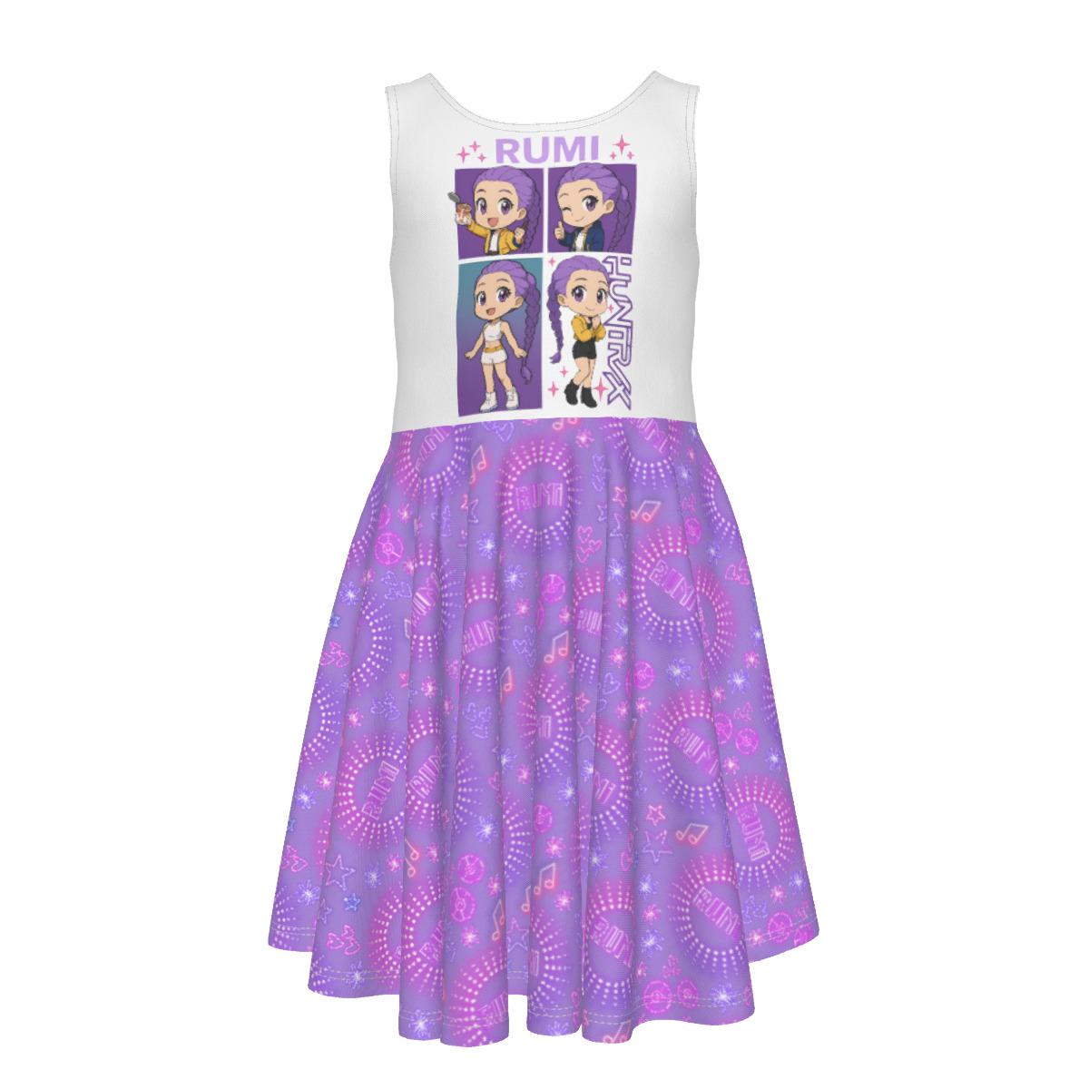 KPOP Demon Hunters Rumi Kids Sleeveless Vest Dress with Flare Skirt - Soft Summer Jersey Fabric