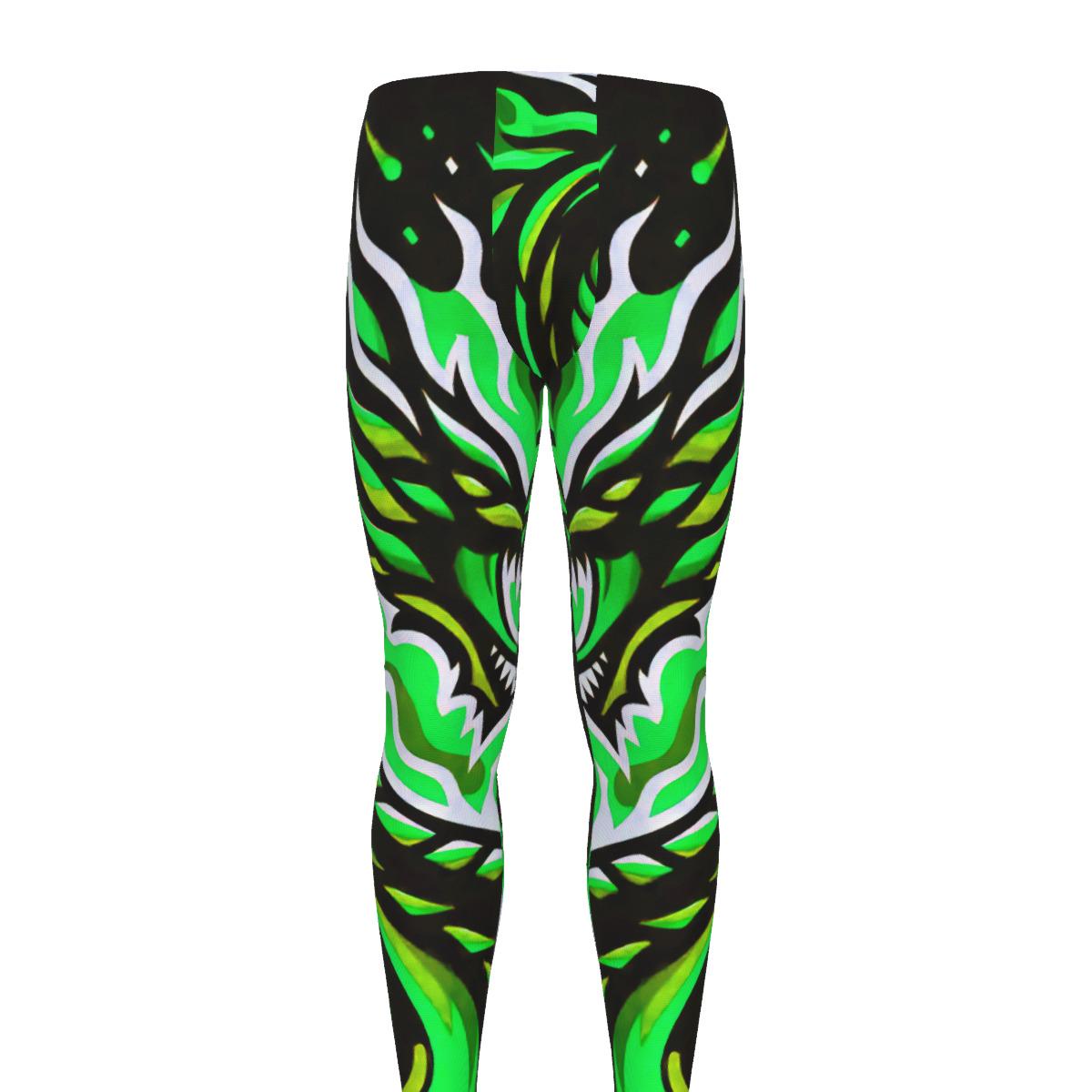 Electric Green Dragon Men's Leggings for Martial Arts, Running, Workout, and Training