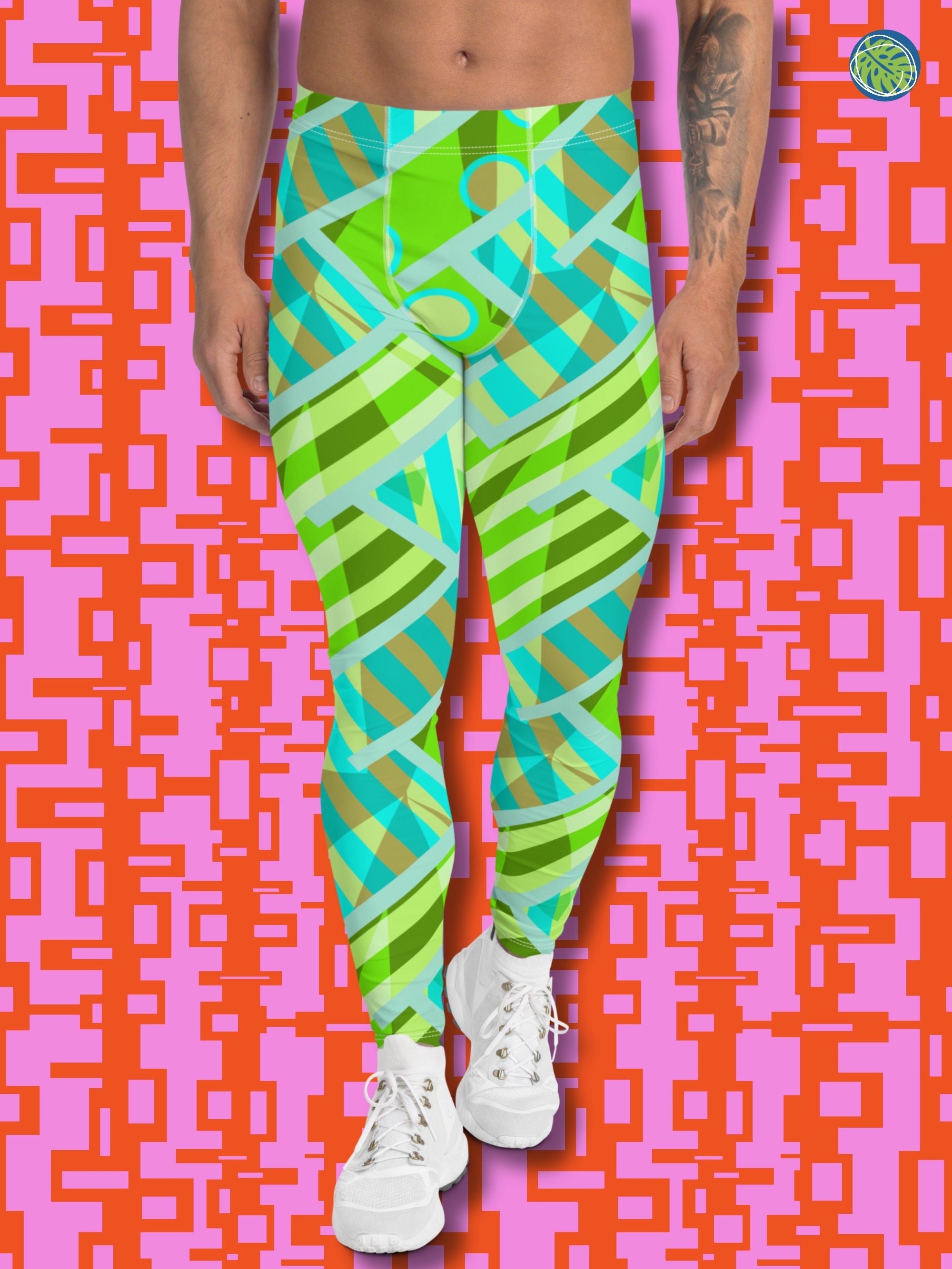 Mens Leggings Patterned Green 80s Memphis Harajuku | Festival Meggings