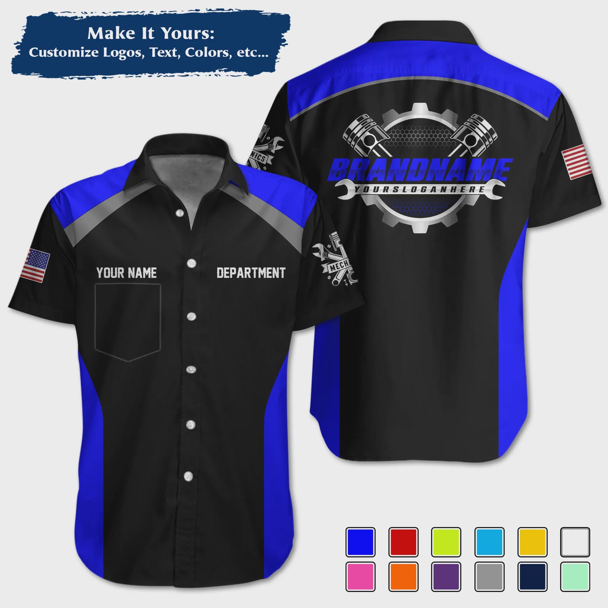 Custom Mechanic Pocket Uniform Personalized Pit Crew Button-Up Workwear