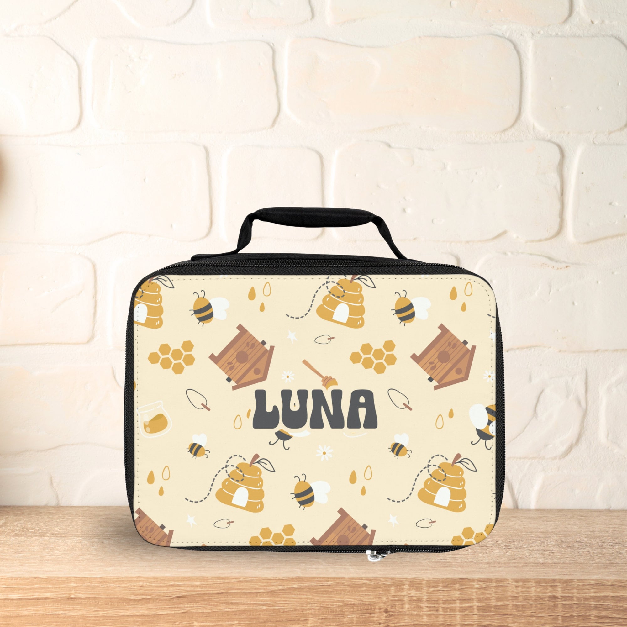 Personalized Honey Bee Lunch Box for Kid / Custom Name Honey Lunch Bag / Kids Bee Lunch Tote / Travel Snack Bag / Customized Beekeeper Gift