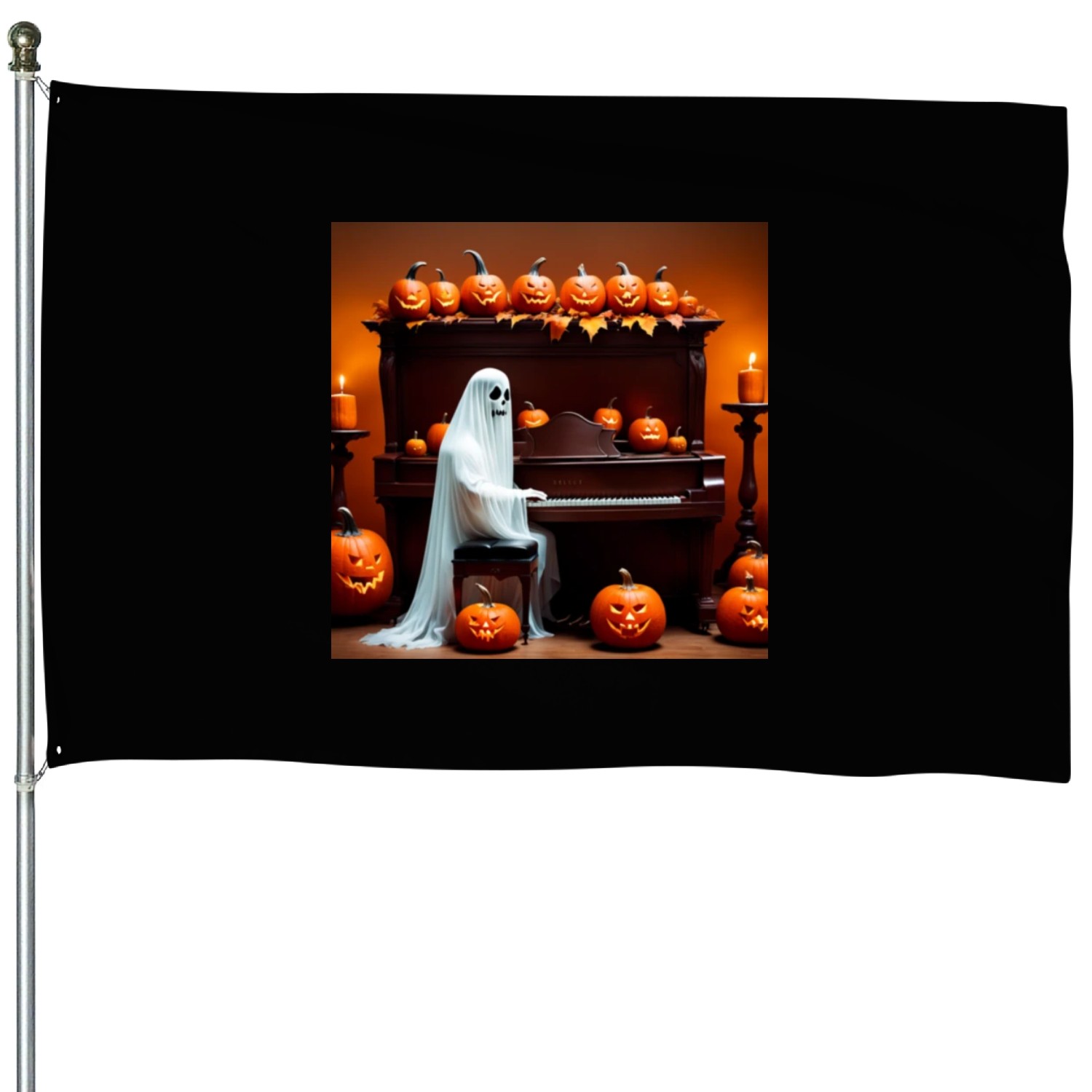 The ghost plays the piano in the ghost house. House Flags