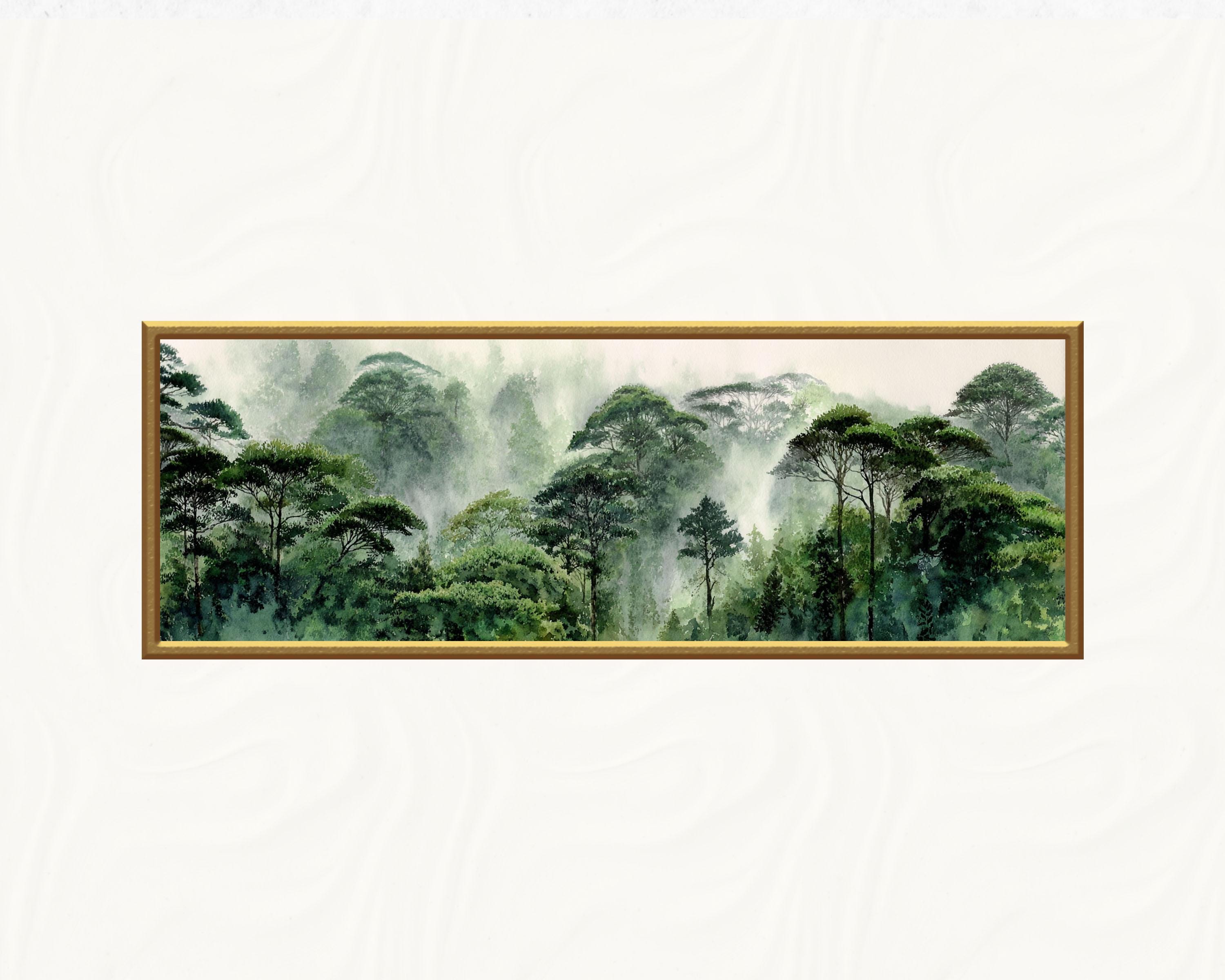 Rainforest Panoramic Watercolor Print, Misty Jungle Forest Wall Art