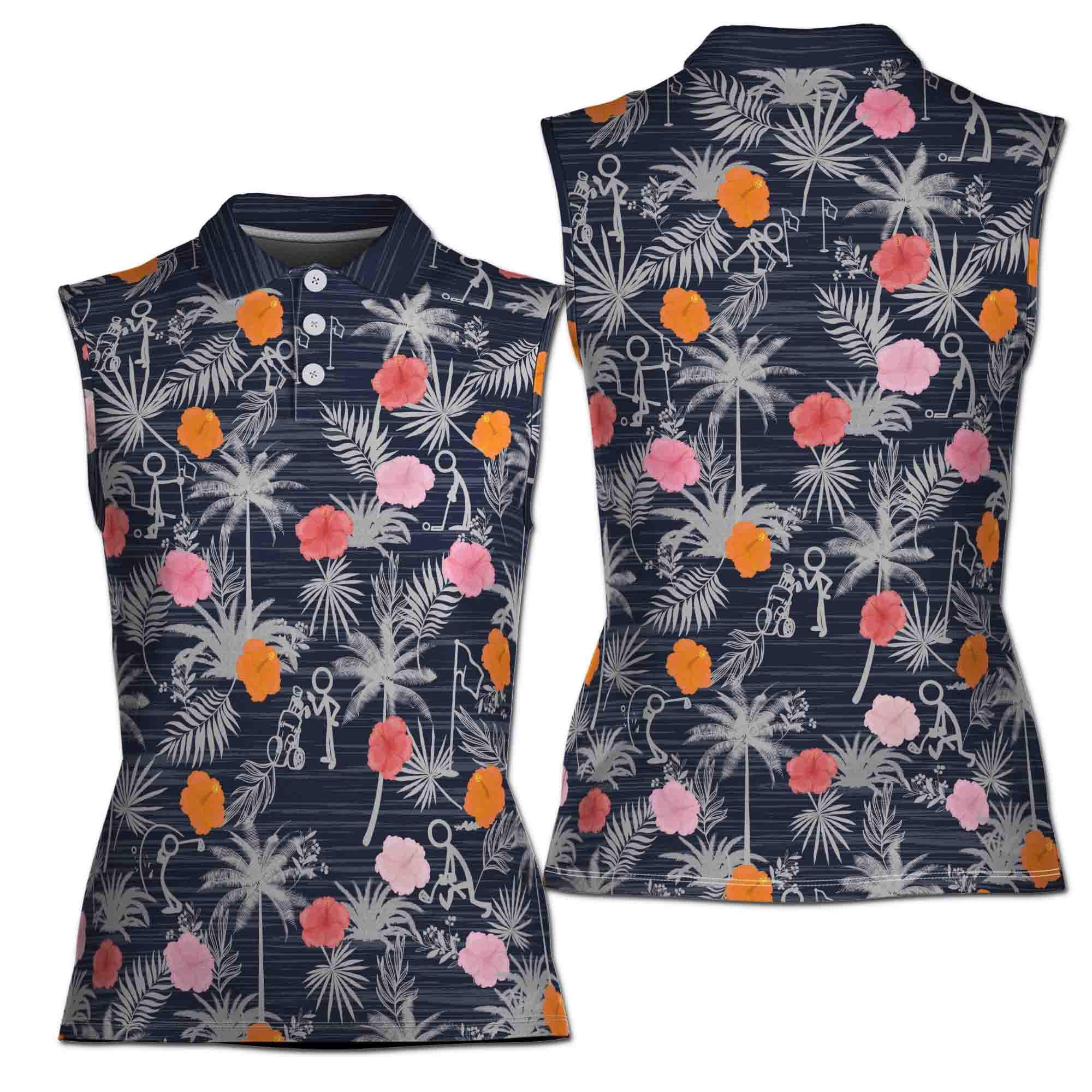 Funny Golf Stick Figures Flower 3D Women Sleeveless Polo