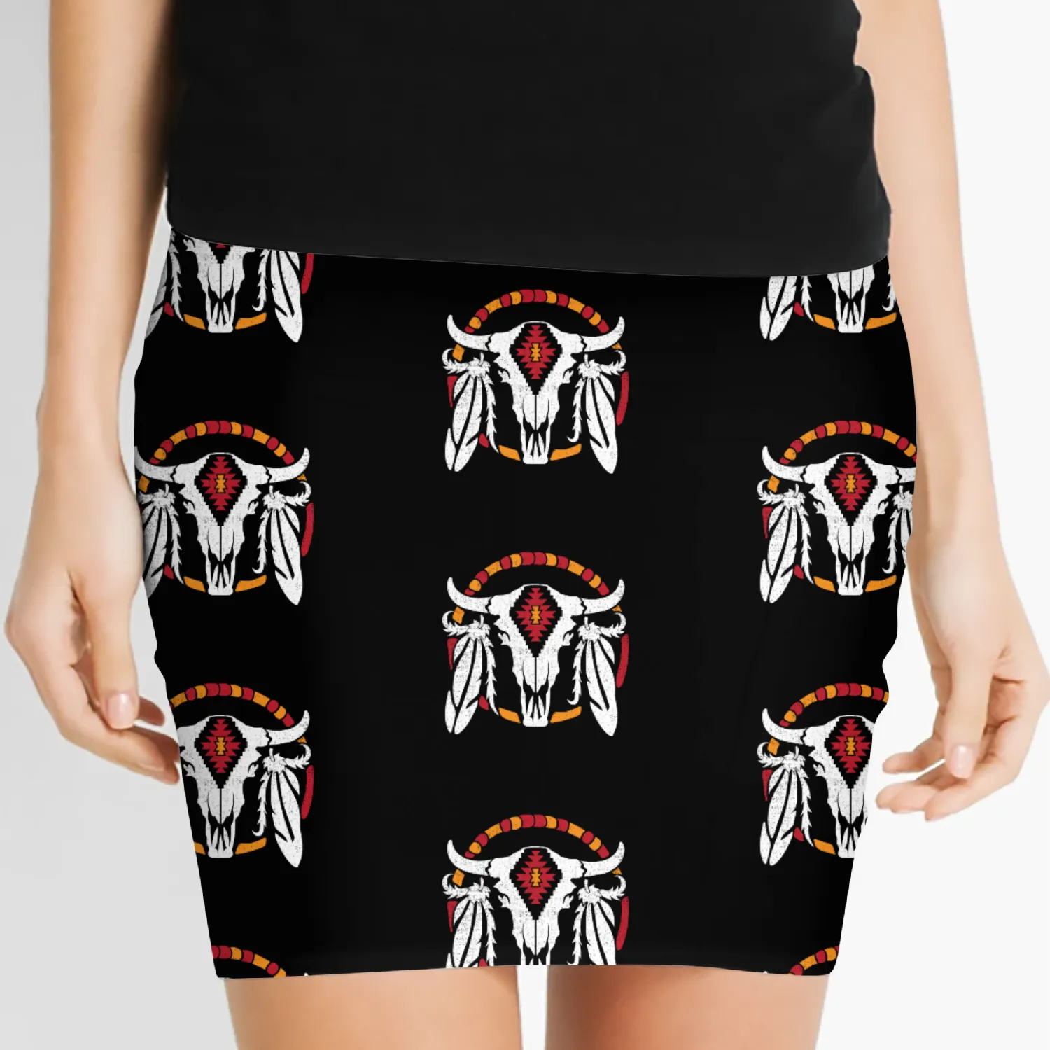 Aztec Pattern Cow Skull Cowboy Indian Mexican Women's Mini Skirts