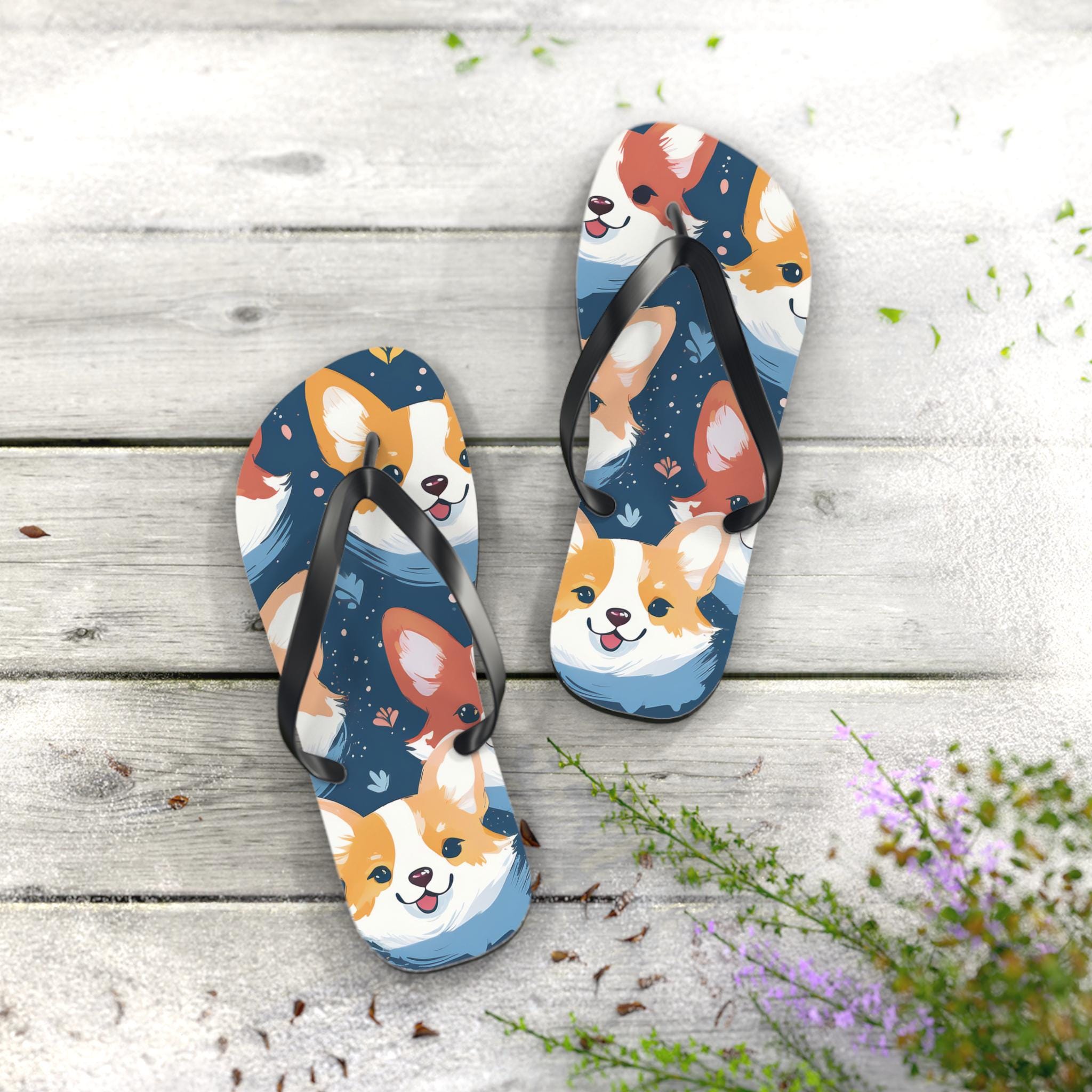Cute Corgi Flip Flops, Summer Footwear, Beach Sandals, Corgi Lover Gift, Fun Vacation Flip Flops, Animal-Themed Flip Flops, Corgi Beach