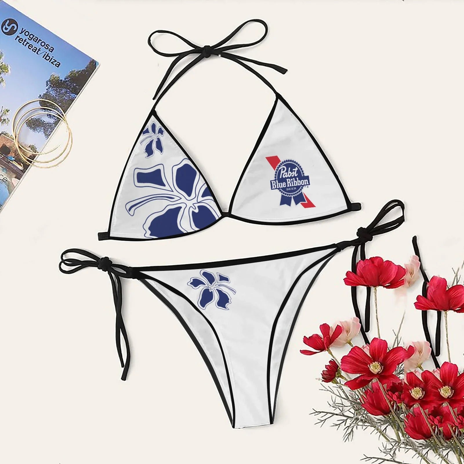 Women's Pabst Blue Ribbon Sea Blossom Triangle Sling Bikini Swimsuit
