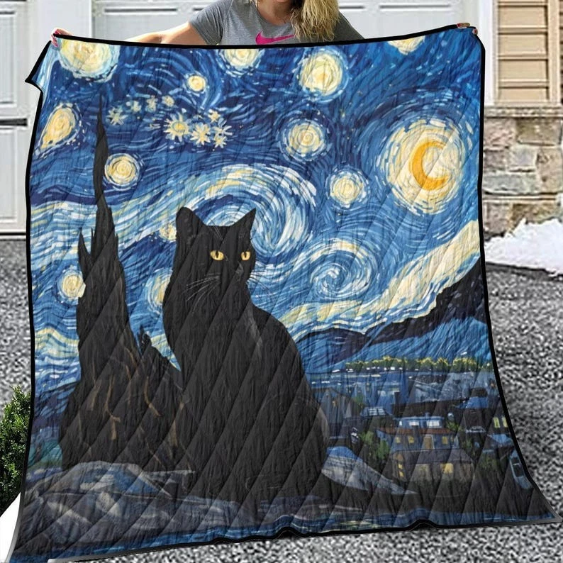 Starry Night Black Cat Quilt Blanket, Whimsical Blanket, Celestial Cat Van Gogh