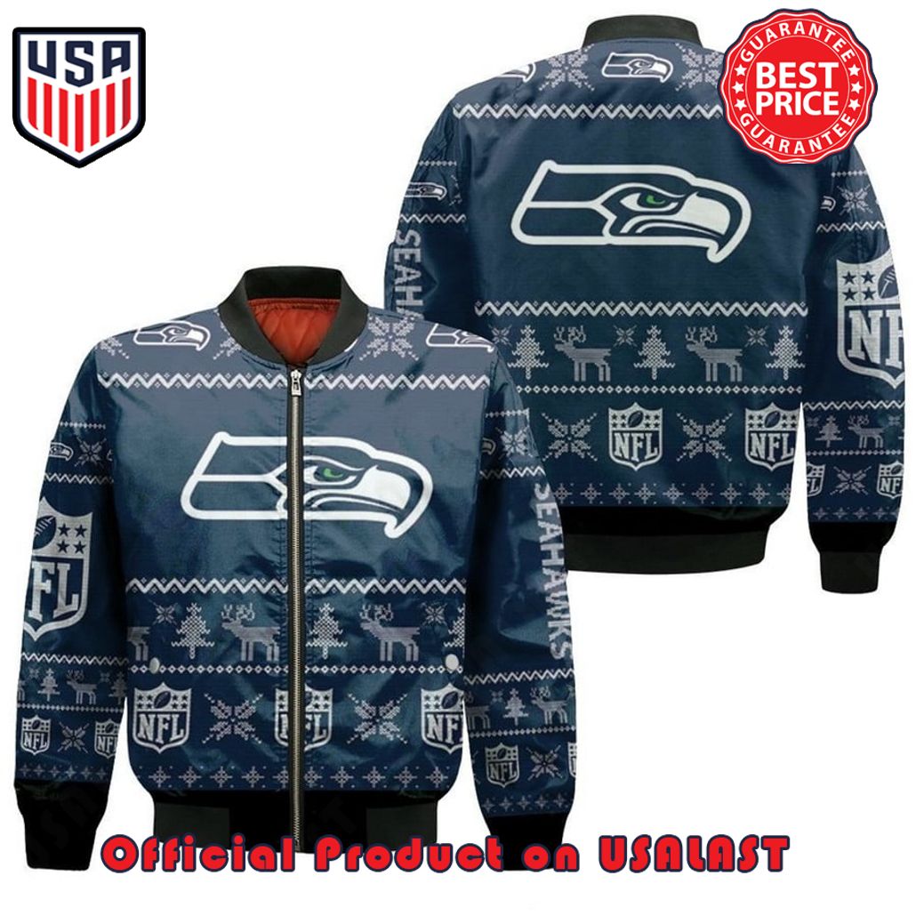 SEATTLE SEAHAWKS CHRISTMAS PATTERN BOMBER JACKET – NAVY BLUE