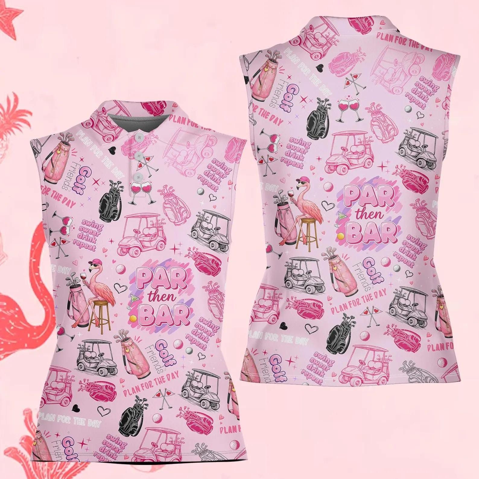 Women's Sleeveless Polo Shirt, Flamingo Golf Polo, Day Planning Golf Shirt, Fun Cocktail Golf Polo