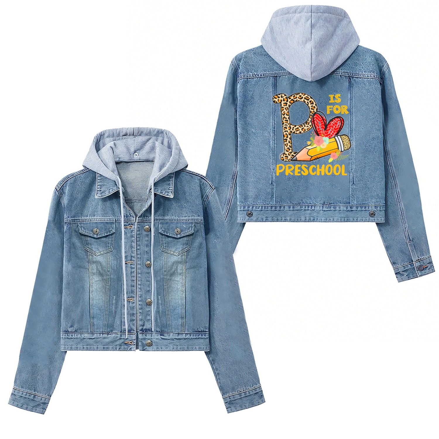 P Is For Preschool Appreciation Leopard Back To Sc Women's Denim Jackets