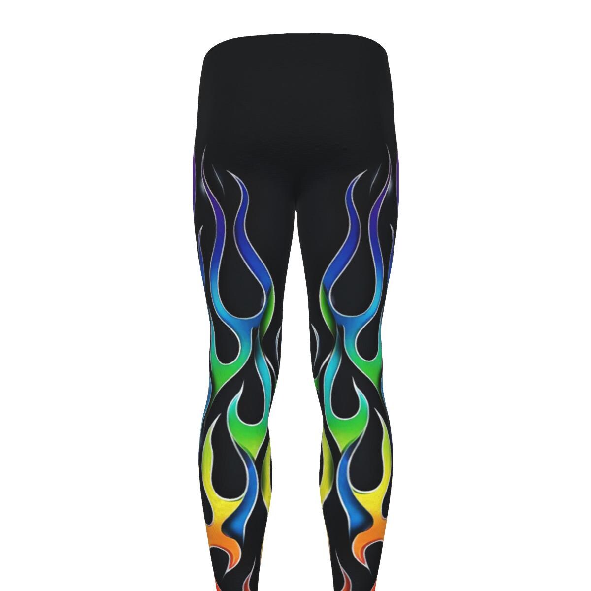Rainbow Flames Mens Leggings Hot Rod Fire Workout Pants Cycling Athletic Fitness Running Exercise, Steampunk Wrestling