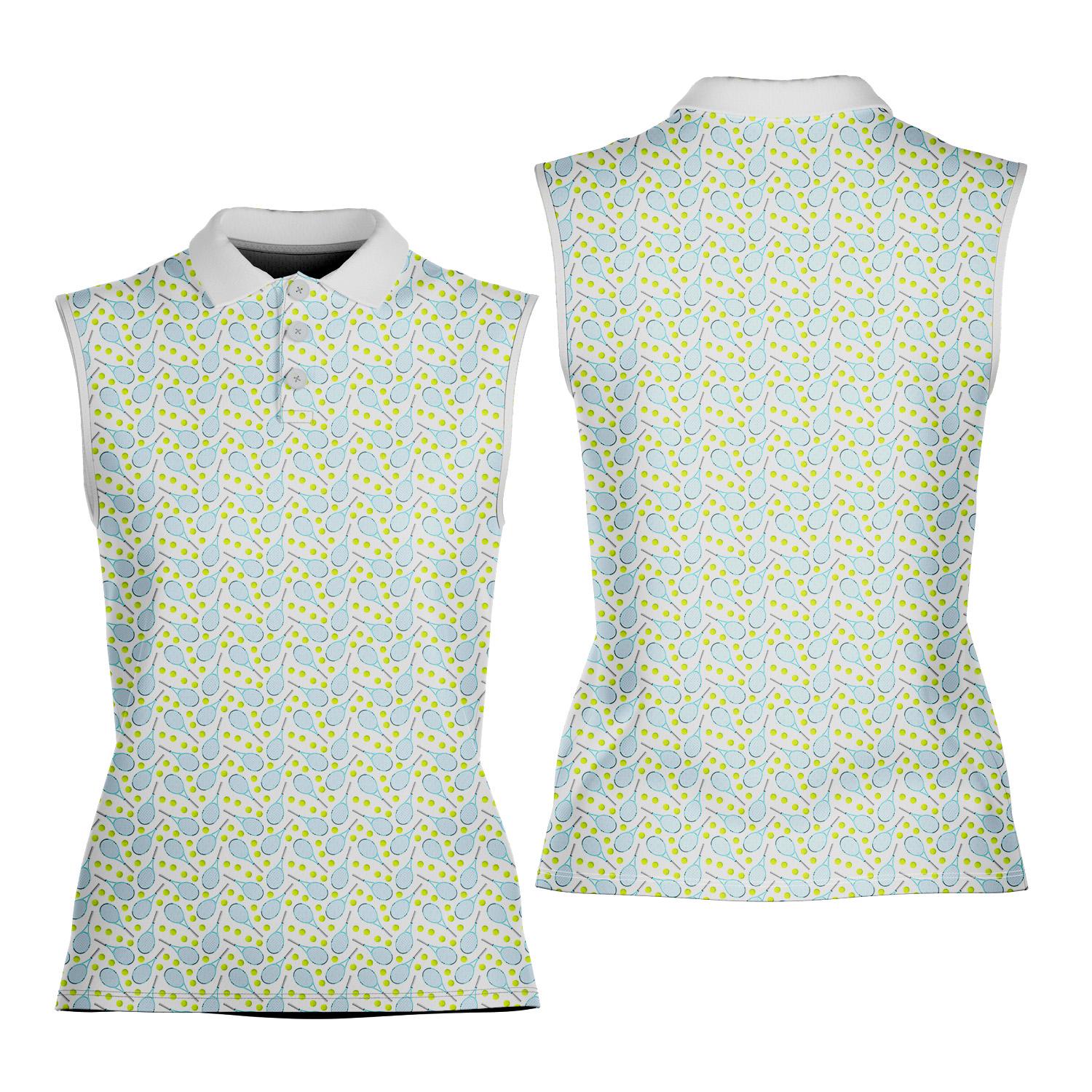 Women’s Sleeveless Polo Shirt with Racket and Tennis Ball Pattern, Summer Sportswear for Active Outdoor Tennis