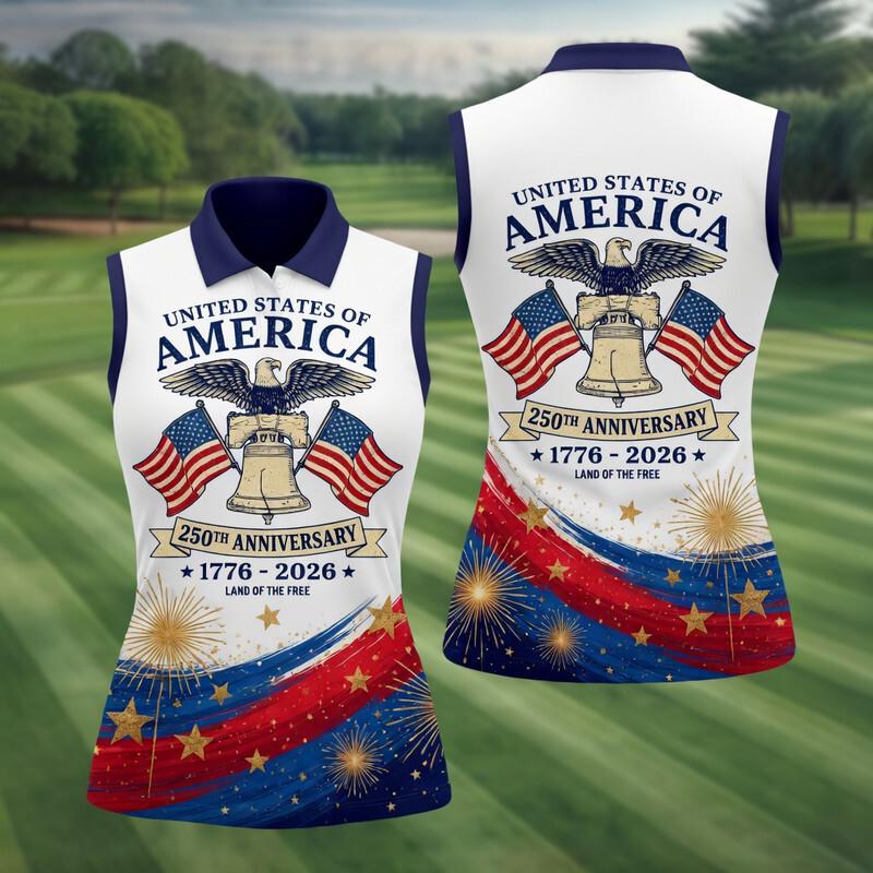 USA 250th Anniversary Women's Sleeveless Polo, Patriotic Liberty Bell Bald Eagle Golf Shirt, Land of the Free Women Activewear Gift for Her
