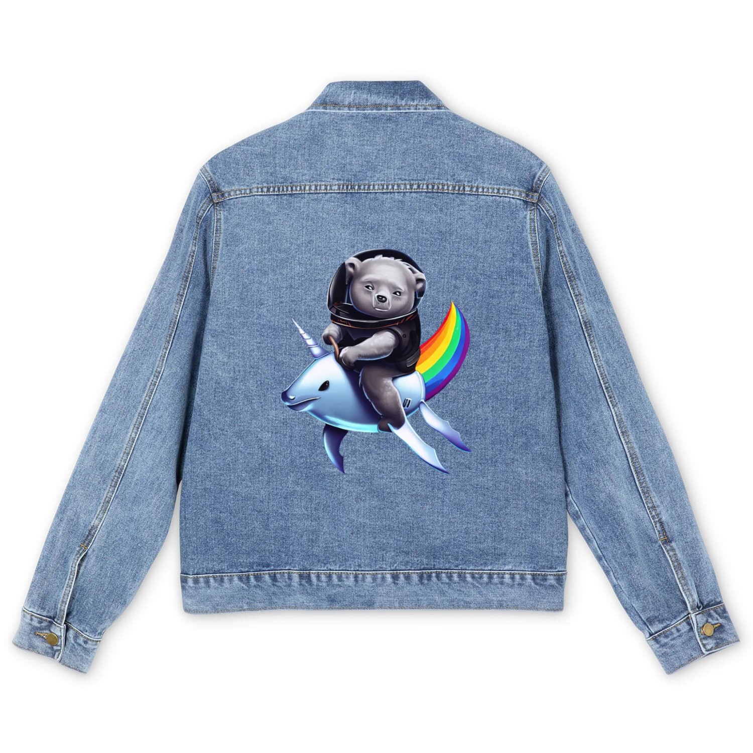 Koala Unicorn Astronaut on Rainbow, Imaginative Men's Denim Jackets