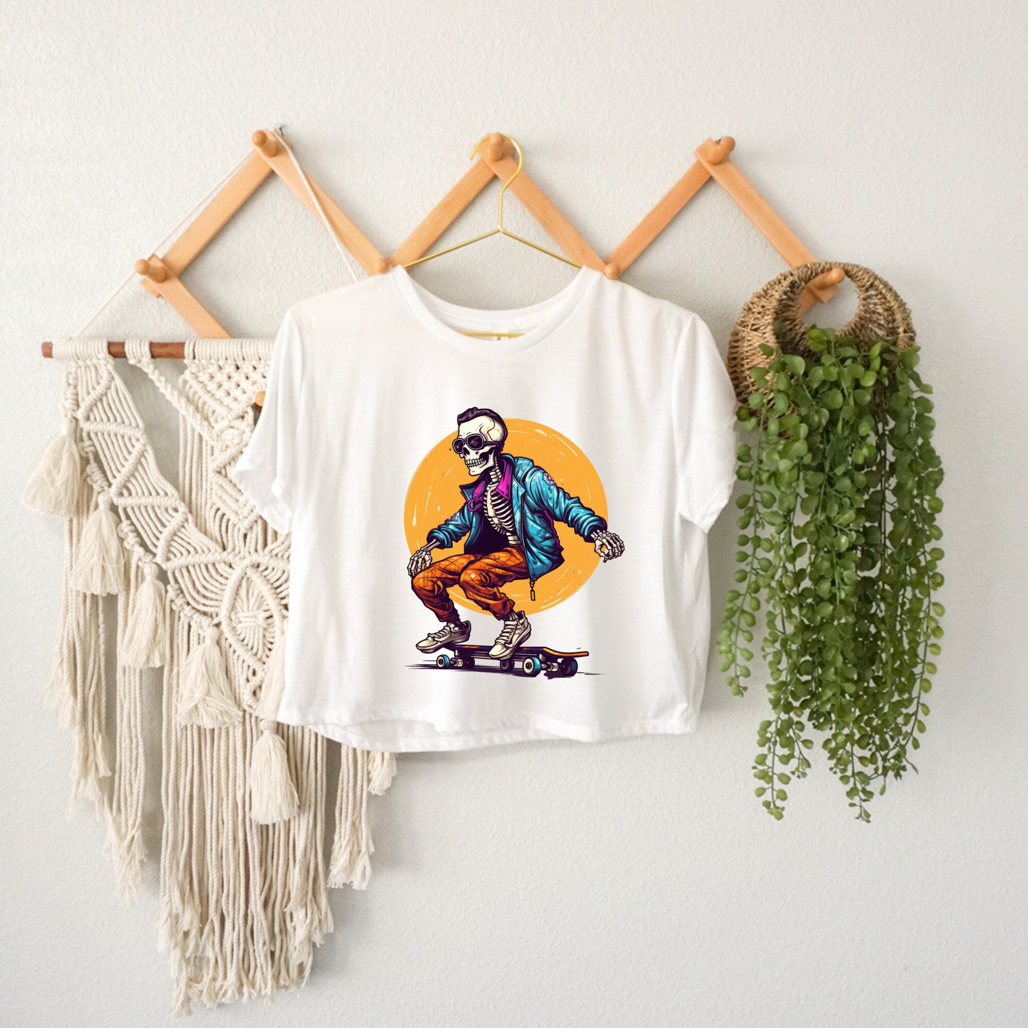 Skeleton Skateboard Crop Top, Halloween Pumpkin Tee for Women