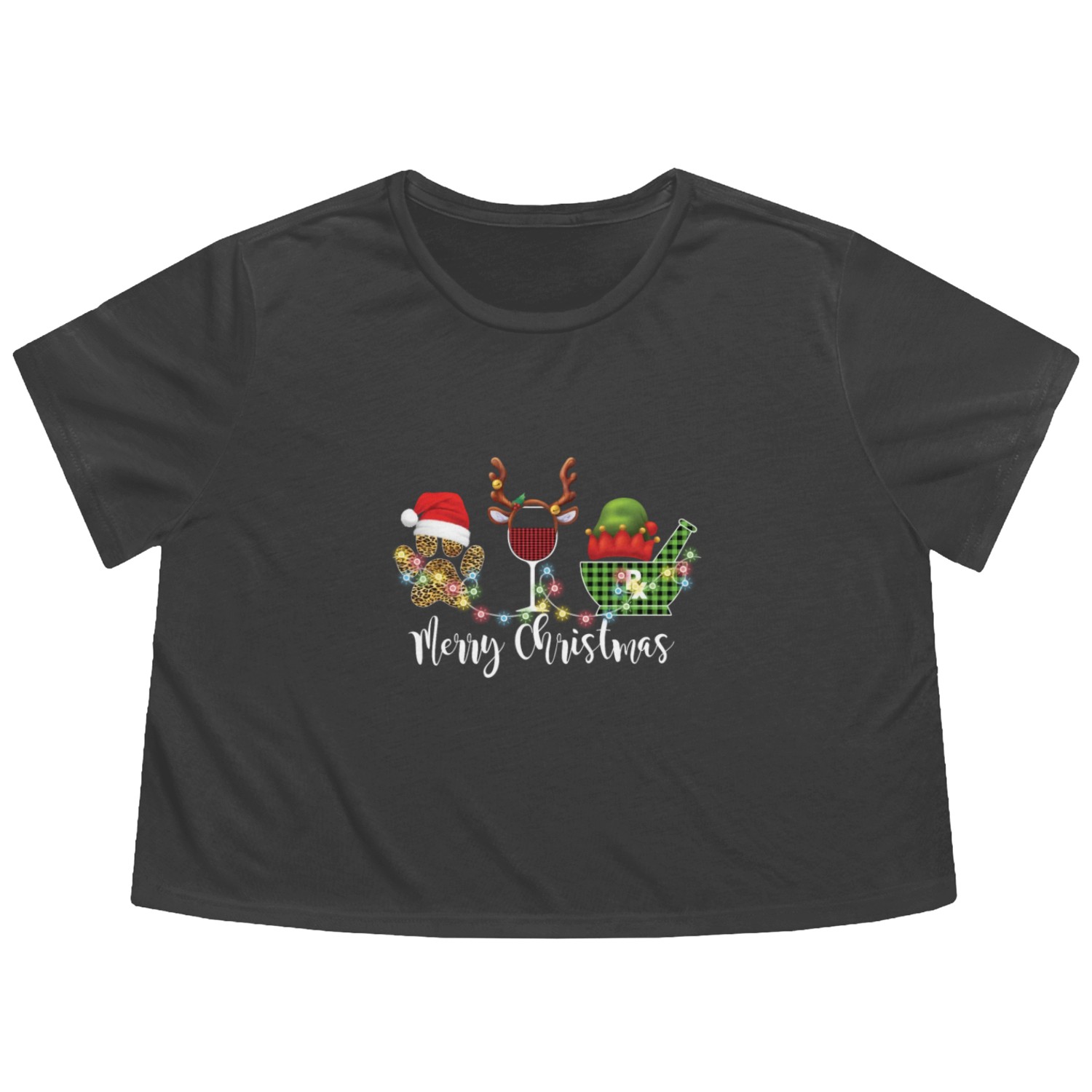 Merry Christmas Pharmacist Dog Mom Wine Flowy Cropped Tees