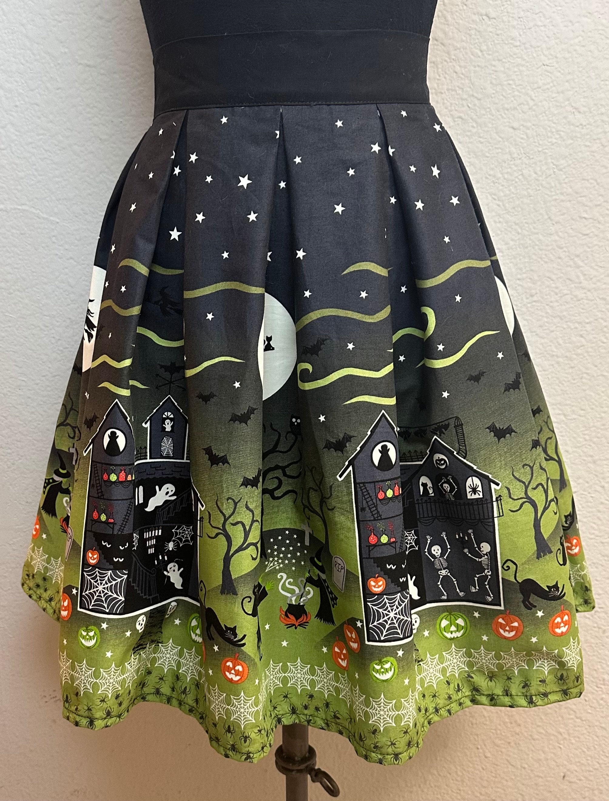 Handmade High Waisted Pleated Skater Skirt with Pockets Glow in the Dark Halloween