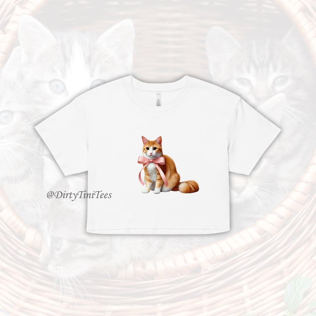 Orange Cat Pink Ribbon Bow Crop Top