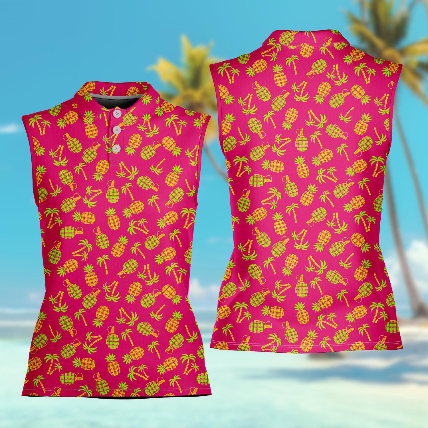 Women's Sleeveless Polo Shirt, Red Pineapple Hawaiian Tropical Palm Golf Top, Summer Vacation Resort Beach Wear