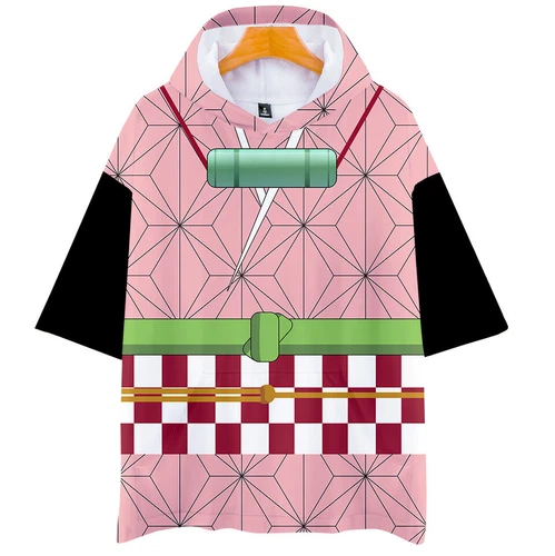 demon Kimetsu no Yaiba Kamado Tanjirou neko Short Sleeve Hoodie Shirt