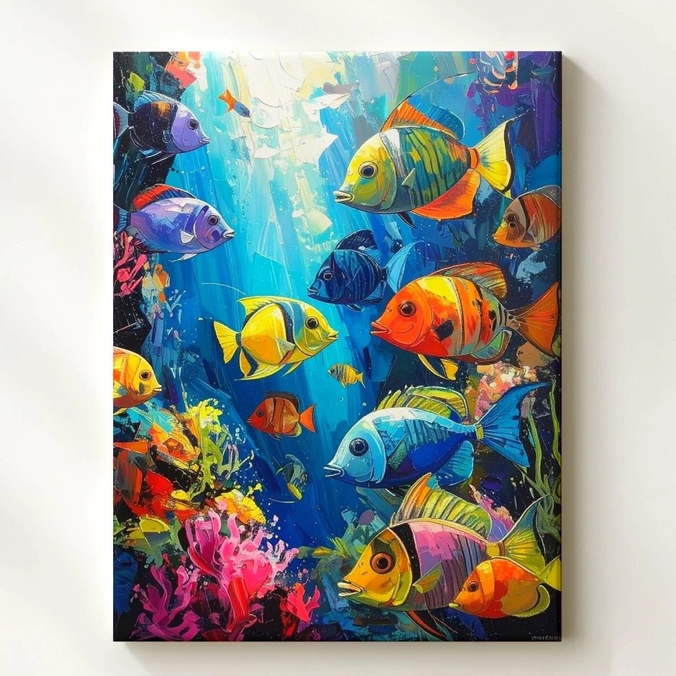 Vibrant Coral Reef Canvas Wall Art - Tropical Fish and Underwater Scene