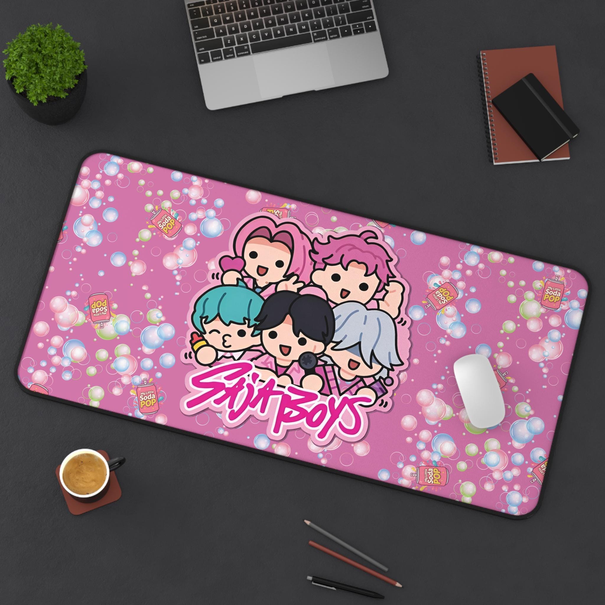 Saja Boy Cute Kawaii Desk Mat with Soda Pop Theme, Desk Accessories, Gift for Students, Office Decor, Gaming Setup, Study Space