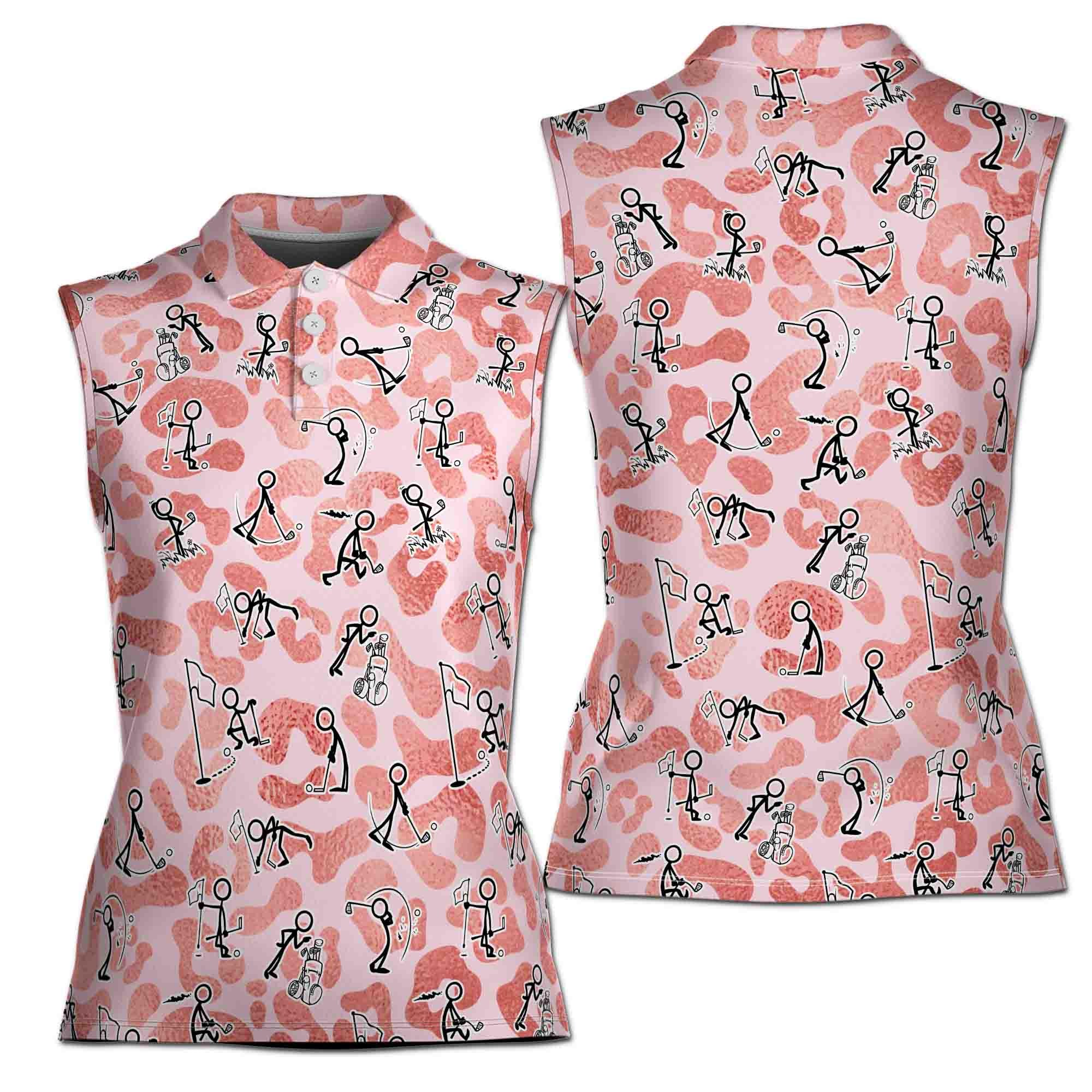 Funny Golf Stick Glitter Pink Leopard Pattern 3D Women Sleeveless Polo Size