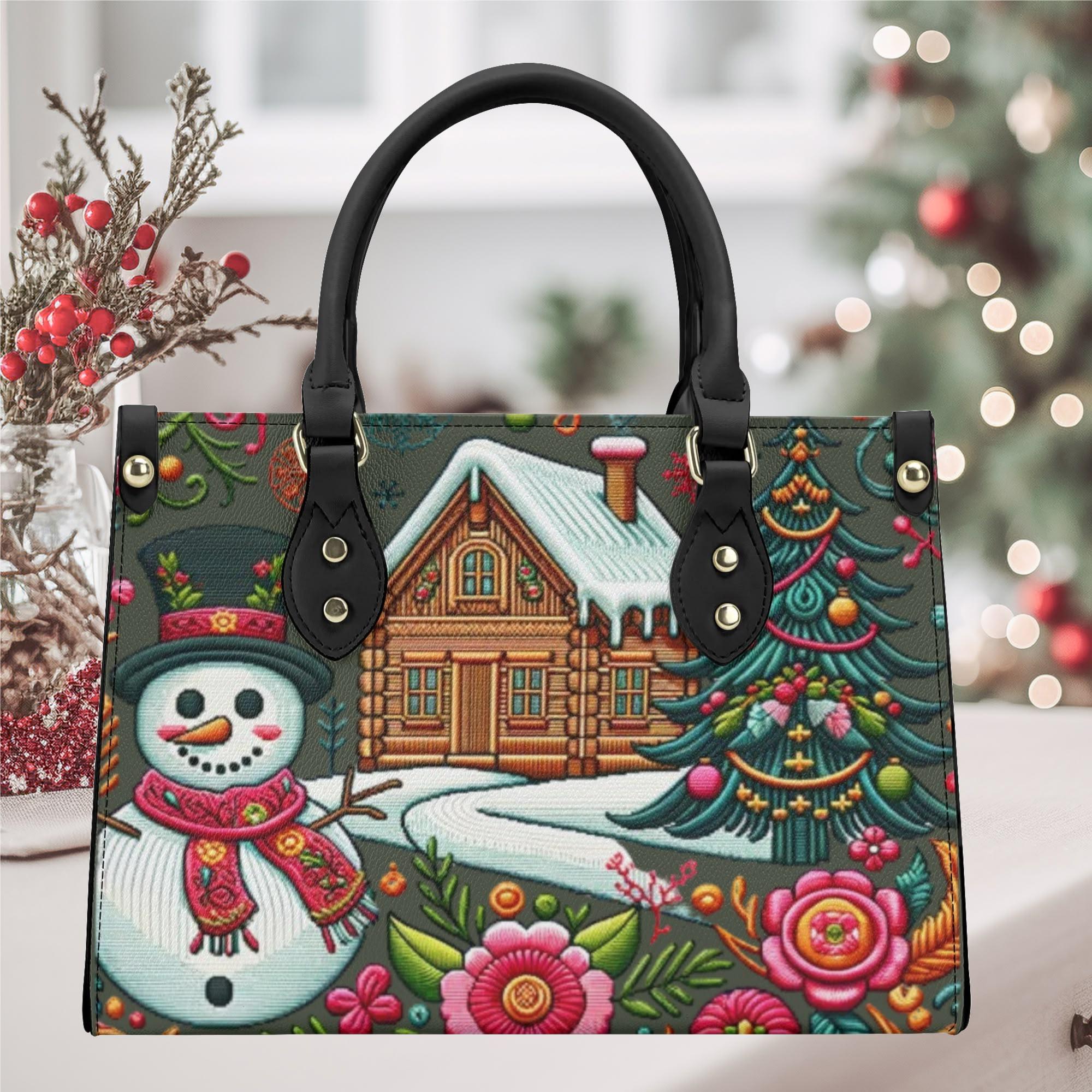 Handbag shoulder bag purse tote Vegan leather Christmas Holiday cute fun fall winter Snowman whimsical cottage core season flat design