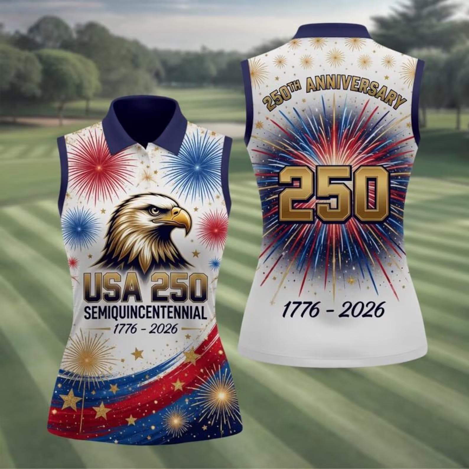 USA 250th Anniversary Sleeveless Polo Shirt for Women, Patriotic Golf Top, Independence Day Sport Shirt, Stripes Golf Apparel