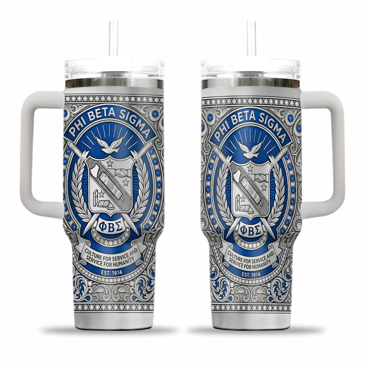 Greek Life Fraternity Tumbler with Handle, Blue Fraternity Style Mug, Brotherhood College Gift, Stainless Steel Insulated Travel Cup