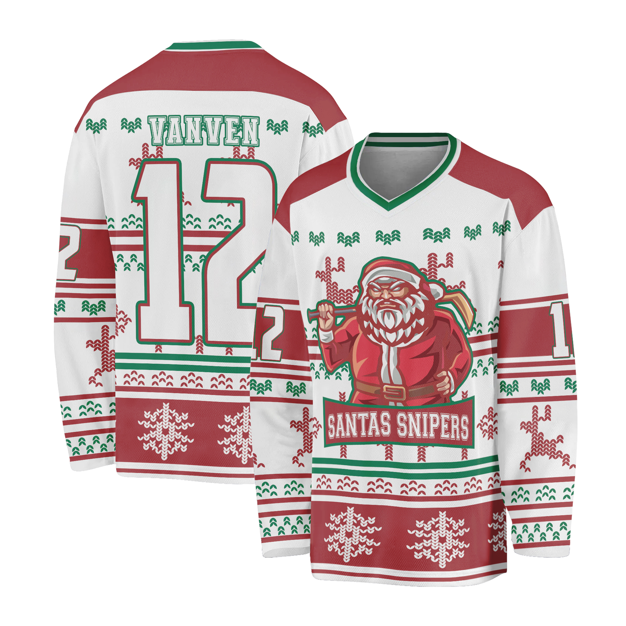 Custom Christmas Team Ugly Pattern White Hockey Jersey , Custom Number Hockey Xmas, Hockey Sports Chrismas, Team Uniform