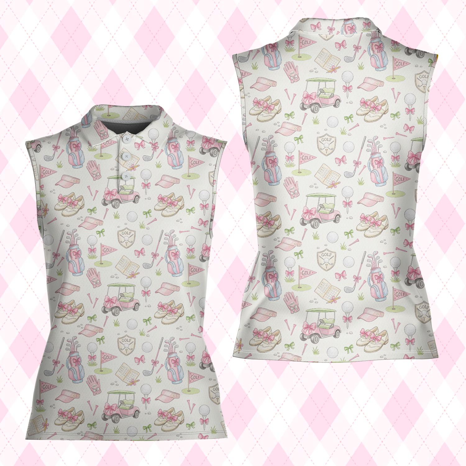 Women Sleeveless Pink Golf Polo, Preppy Golf Bag Pattern Shirt, Cute Bow Golf Cart Top, Female Golfer Gift