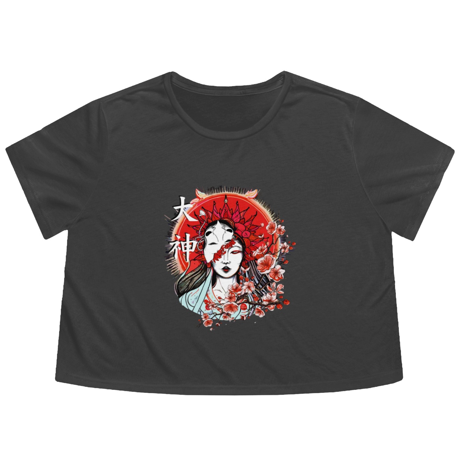 Amaterasu Oni Mask Japanese Mythology Goddess Flowy Cropped Tees