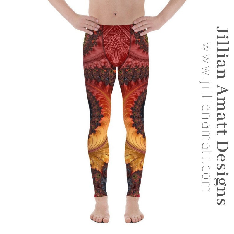 Men's Leggings Red and Orange Trippy Sacred Geometry Fractal Workout or Dance Tights