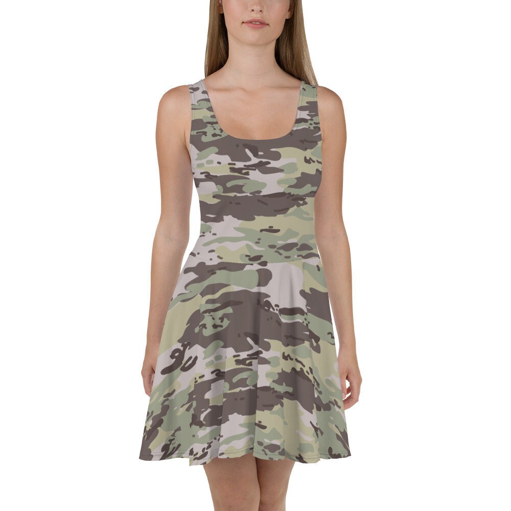 CAMOFLAUGE Flowy Skater Dress, Stretchy Fitted Dress, Skater Skirt - Women, Ladies, Girls, Fun Date Night, Party, Camo, Military, Green