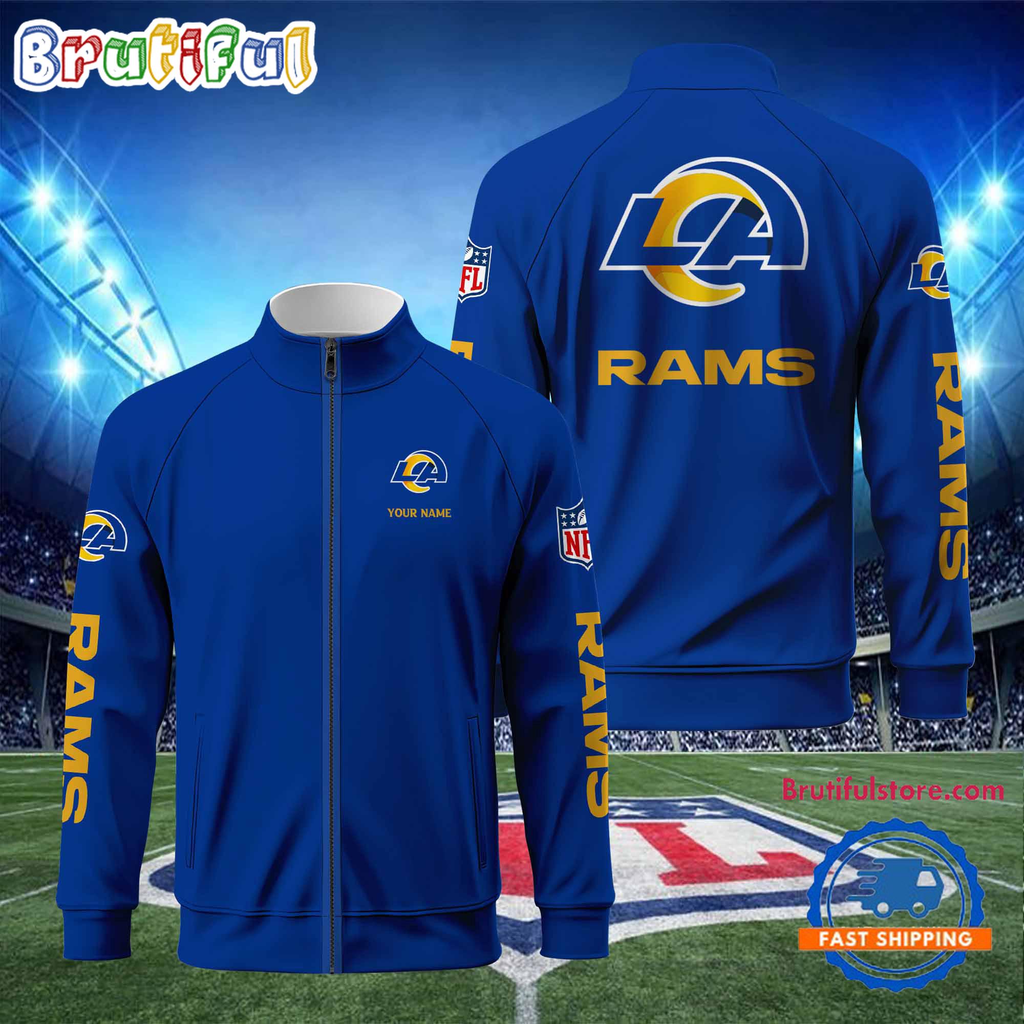 Los Angeles Rams Football Logo Team Standing Neck Zipper Jacket, Custom Football Zipper Jacket