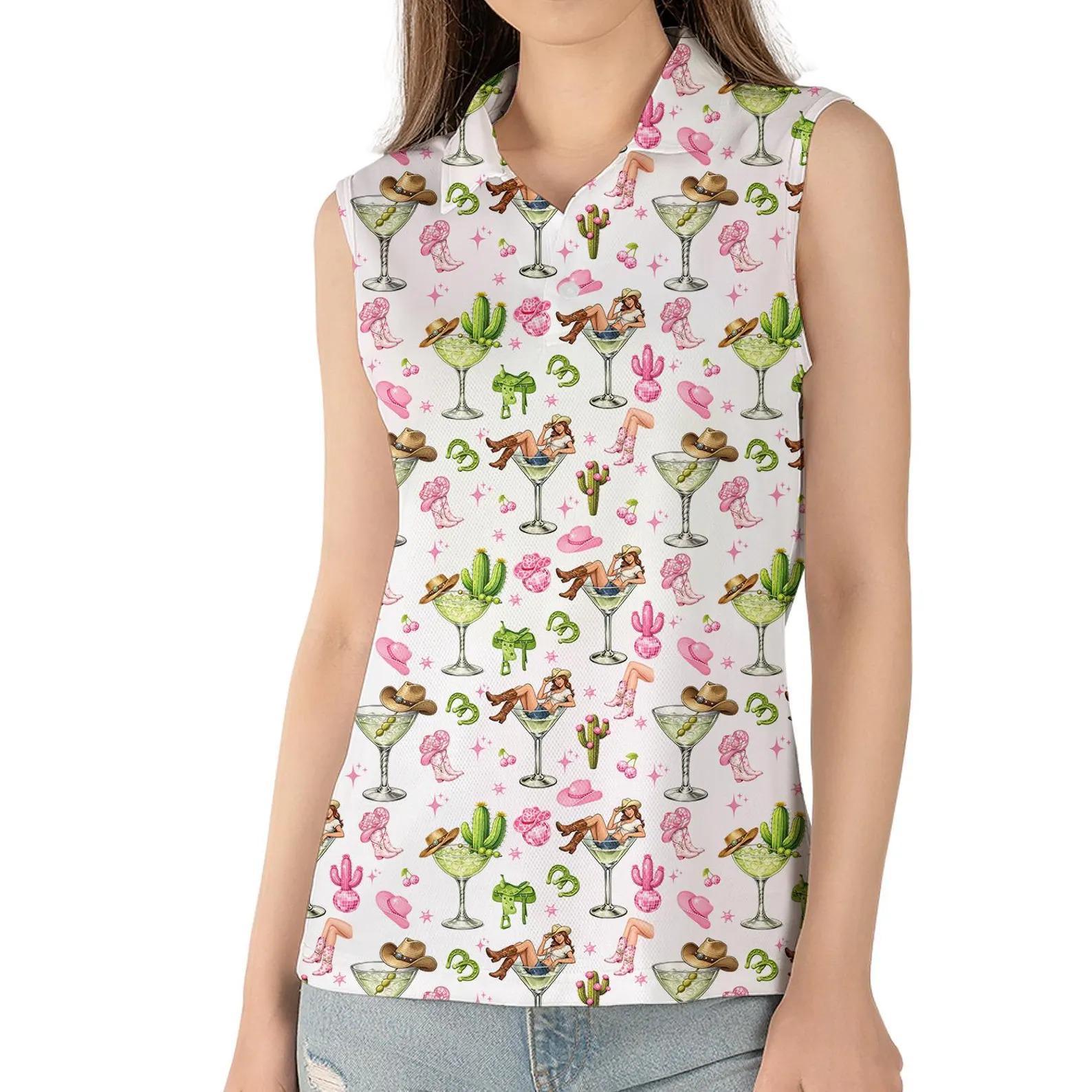 Women’s Sleeveless Polo Shirt with Cactus and Cocktail Print, Summer Golf Casual Top