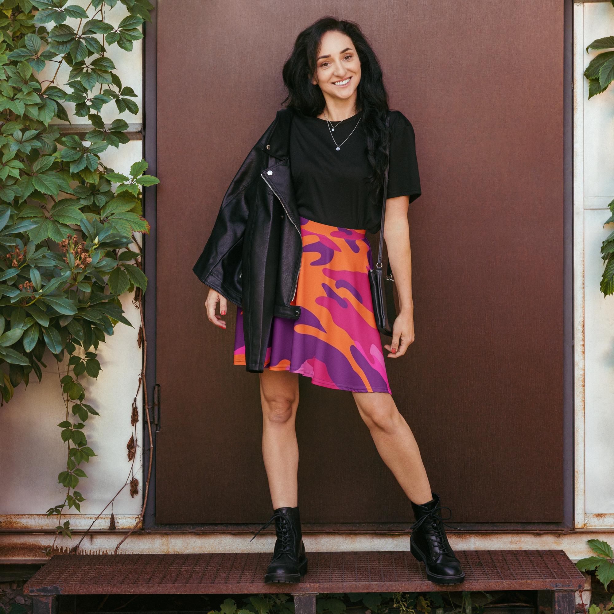 Pink & Orange Camo Skater Skirt, Trendy Urban Fashion for Casual Outings, Perfect Gift for Fashion-Forward Friends