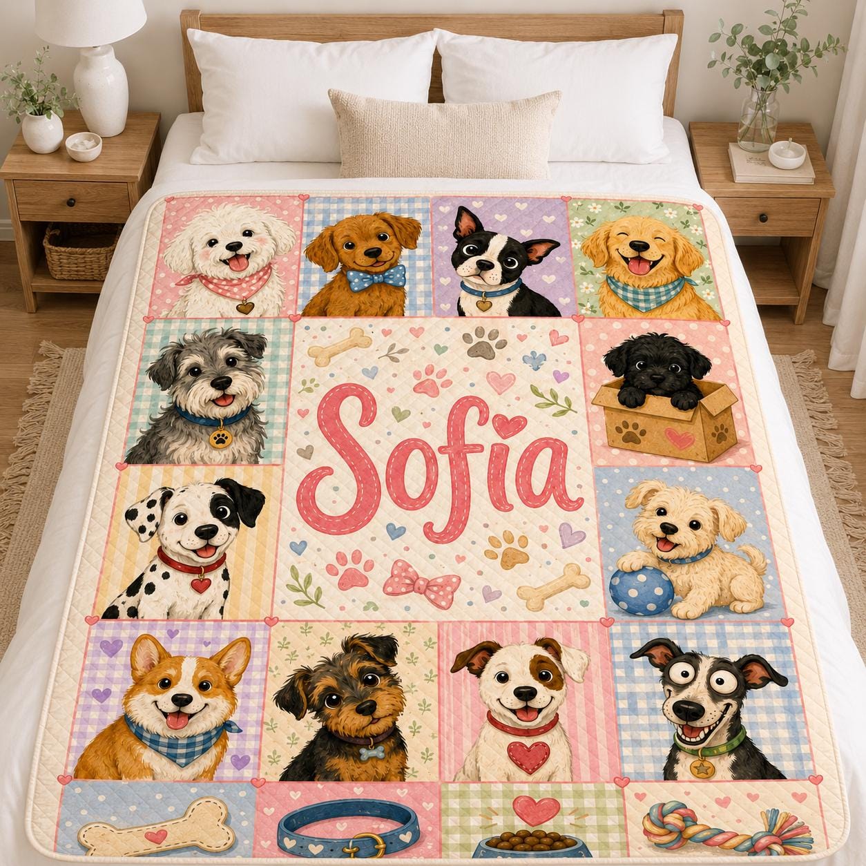 Personalized Dog Quilt Blanket, Custom Name Puppy Throw, Cute Dog Patchwork Blanket, Dog Lover Gift, Pastel Pet Nursery Decor