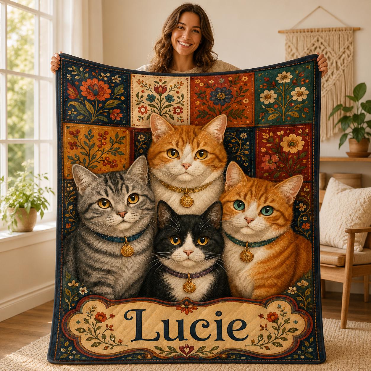 Personalized Cat Quilt Blanket, Custom Name Four Cats Throw, Vintage Floral Cat Blanket, Cat Lover Gift, Folk Art Pet Decor