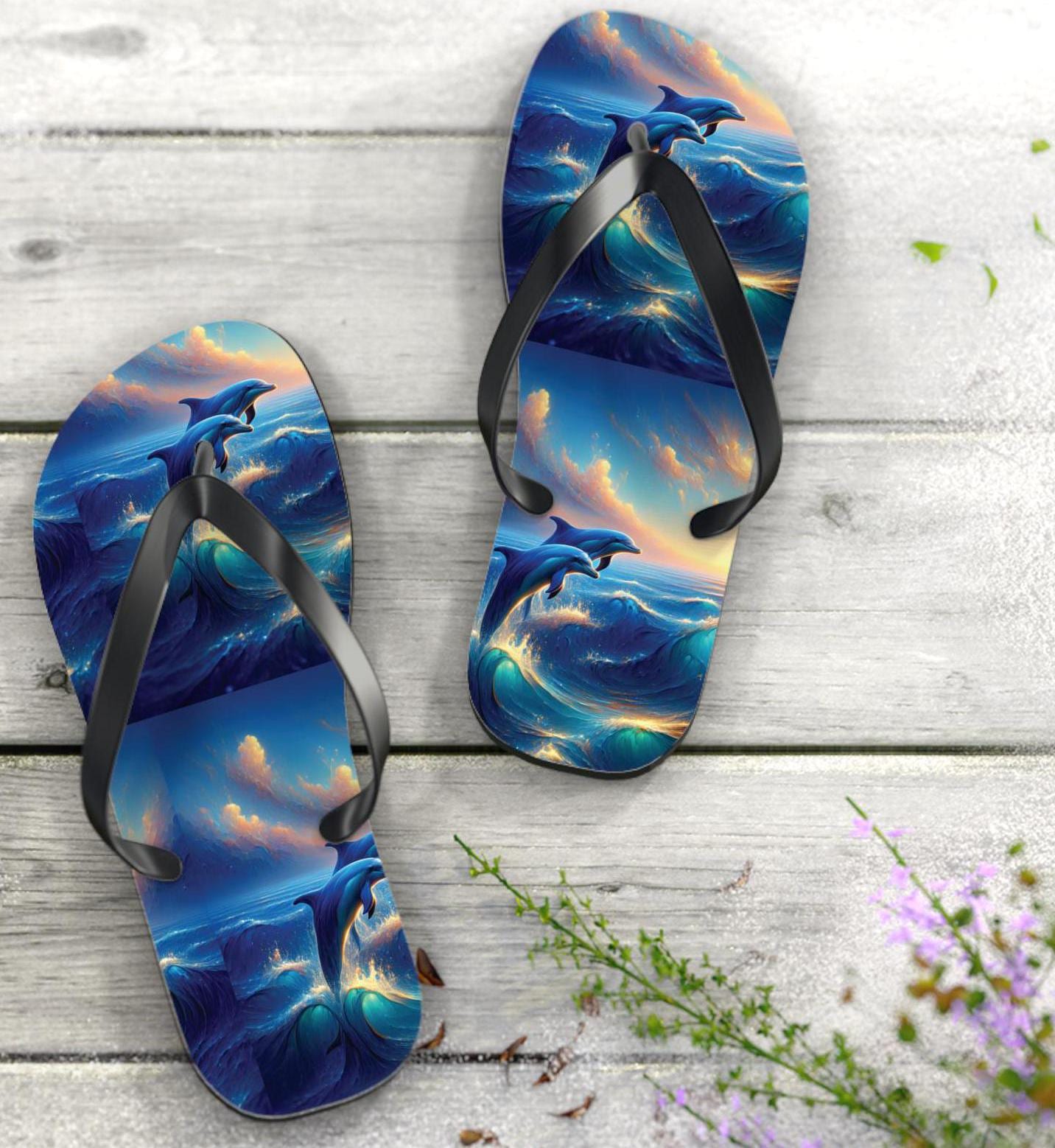 Dolphins Swimming Flip Flops Beach Sandals Party Pool Women's Casual Dress Designer Ocean Wildlife Art Deco Modern Vacation Shoes Walking