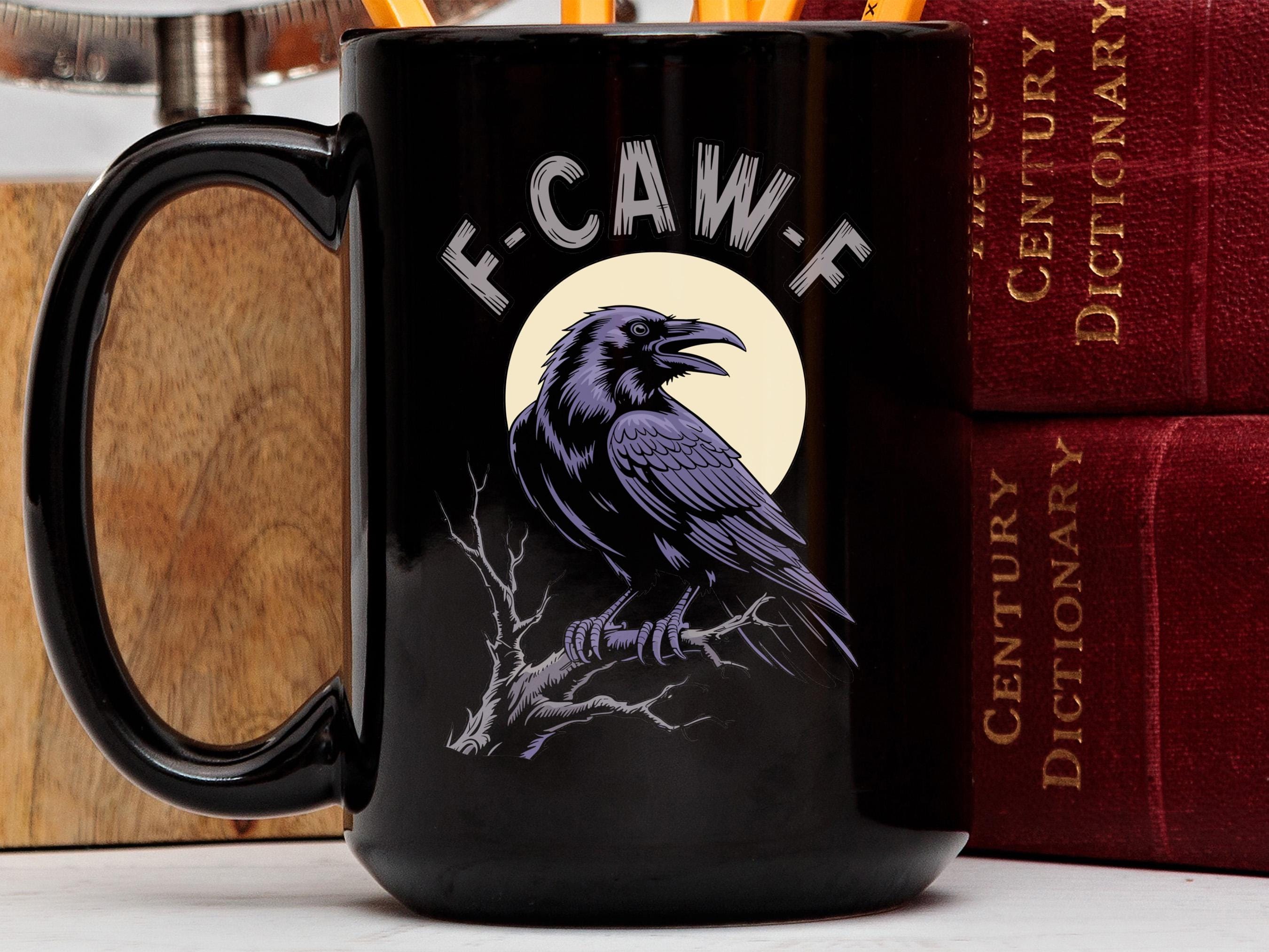 F-CAW-F Crow Lover Mug, Raven Moon Art Coffee Cup, Gothic Bird Design, Spooky Halloween Gift, Unique Nature Fan Tea Mug, Dark Academia Mug