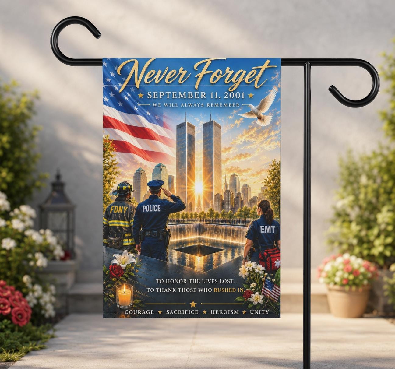 9/11 Memorial Garden Flag 25th Anniversary, Patriot Day 2026 Never Forget Tribute, Twin Towers Yard Decor