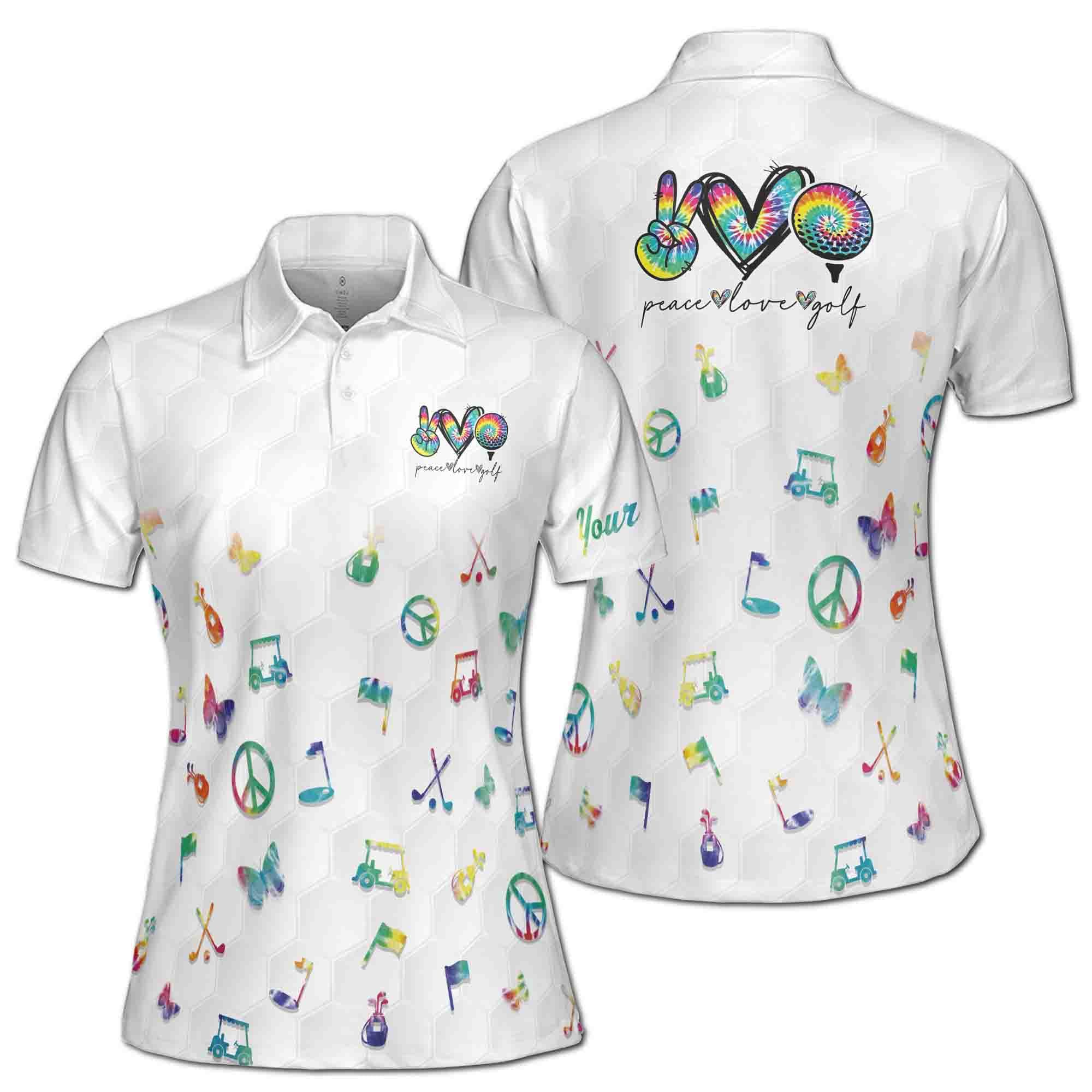 Custom Name Colorful Watercolor Peace Love Golf Women's Polo Shirt