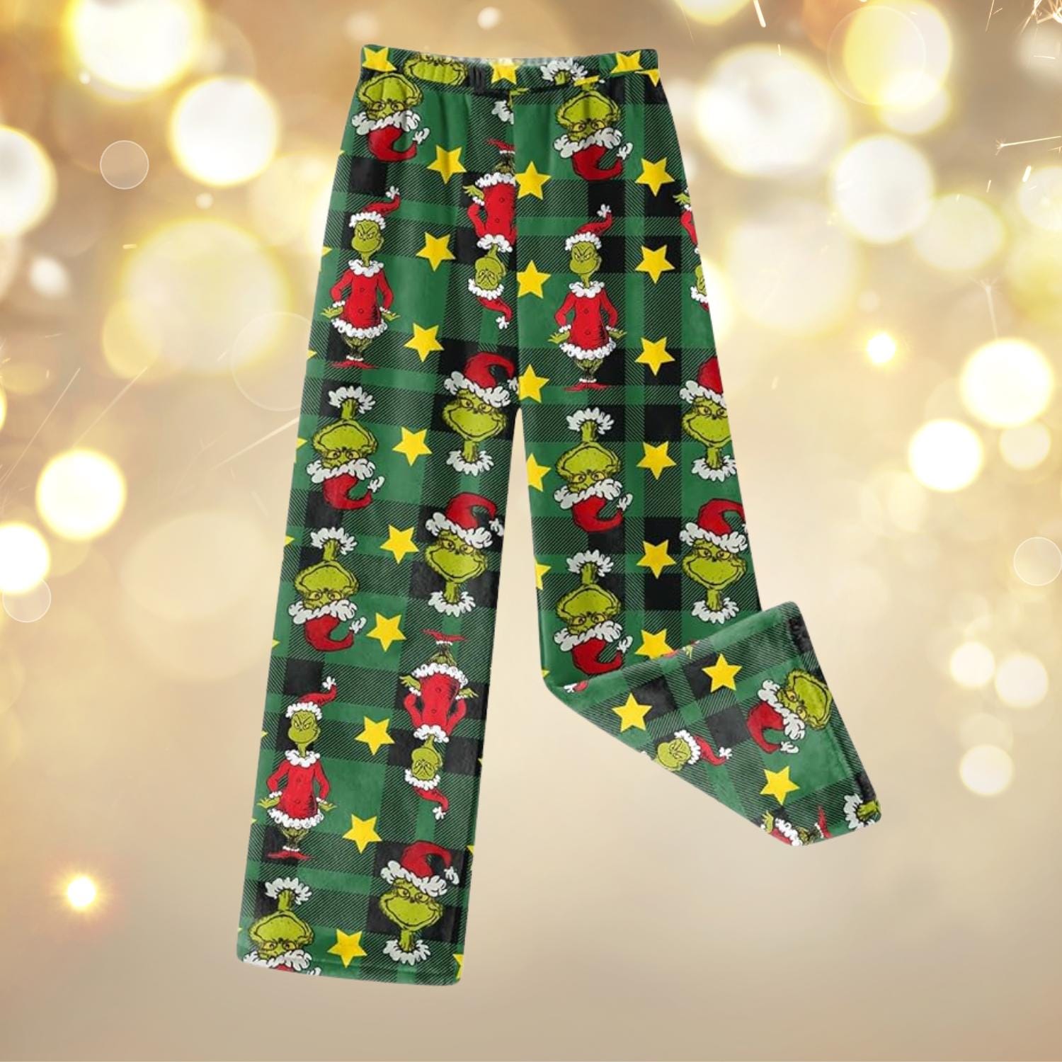Women's Christmas Pajama Pants with Funny Characters, Green Plaid Holiday Loungewear