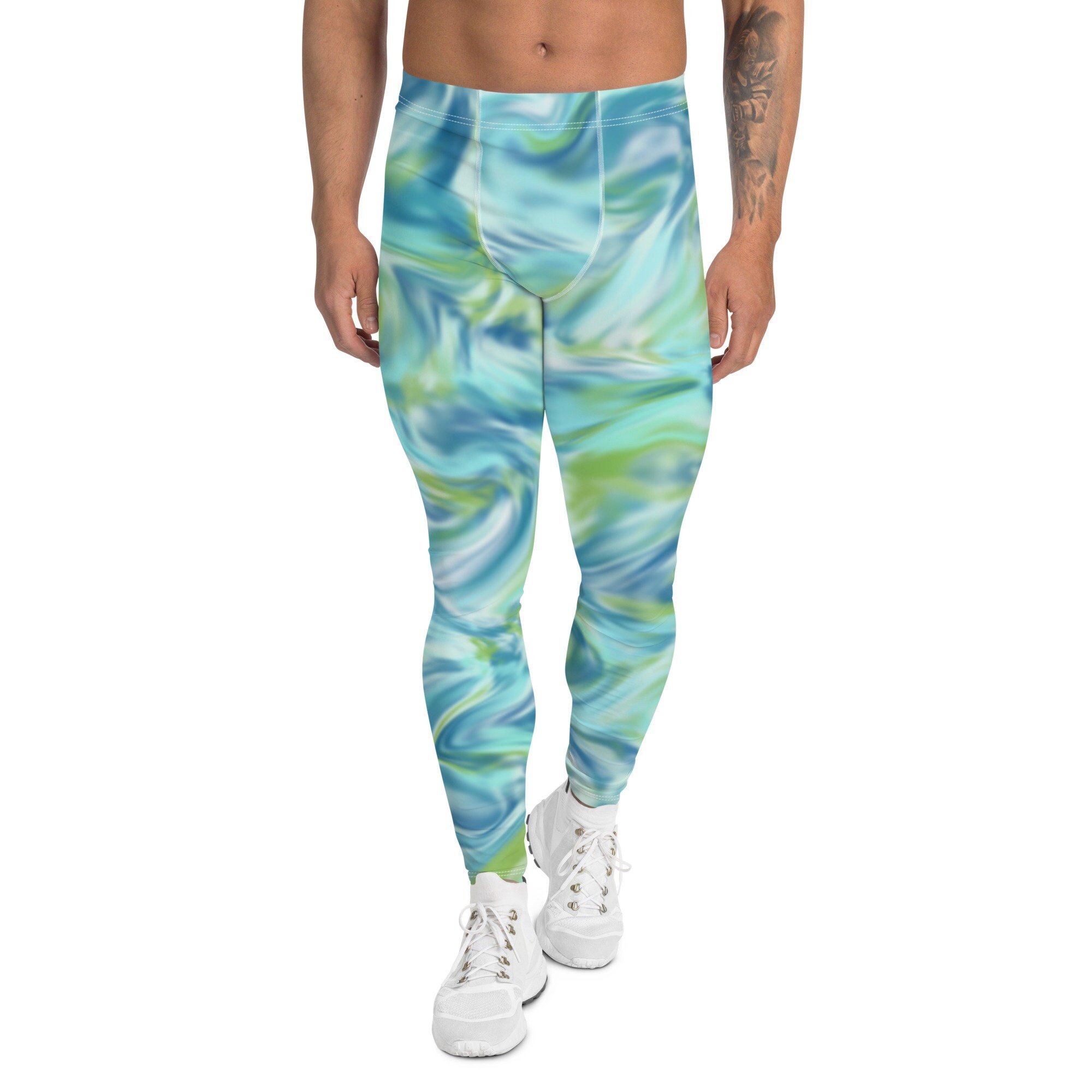 Men's Leggings, Yoga Leggings, Blue Green Abstract Print, Casual Leggings, Gym Leggings