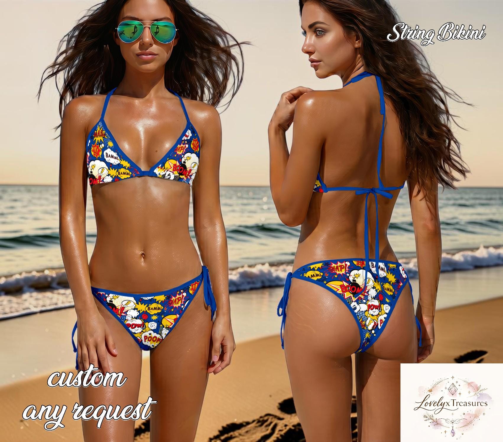 Comic Pop Art Bikini Set, Cartoon Boom Print String Bikini, Fun Triangle Swimsuit, Colorful Summer Beachwear